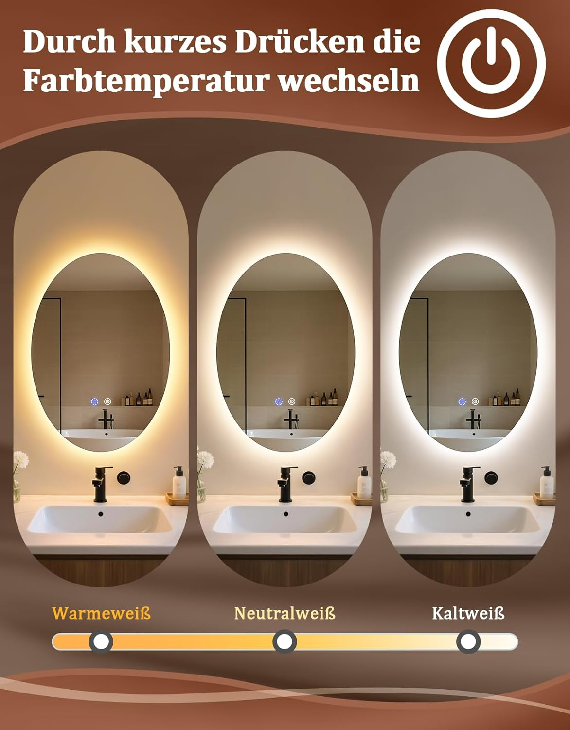 Tre specchi mostrano diverse temperature di colore: bianco caldo, neutro e freddo.