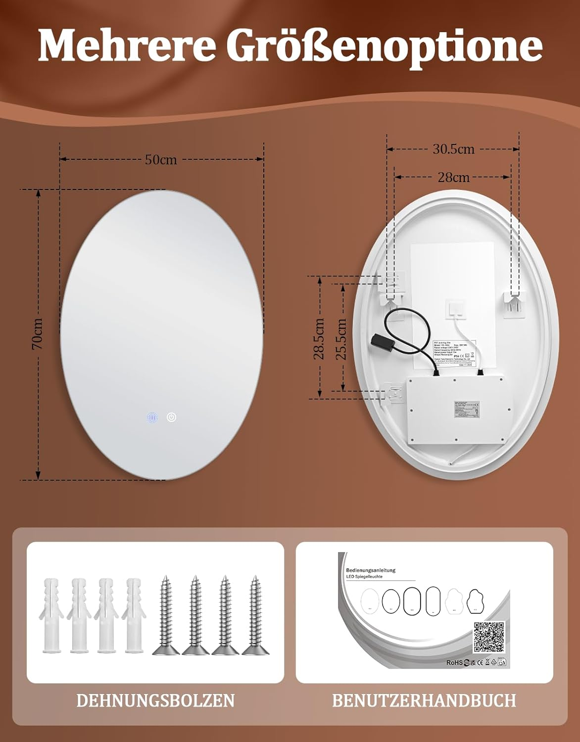 Dimensioni specchio 70x50cm, retro 30.5x28.5cm con accessori.