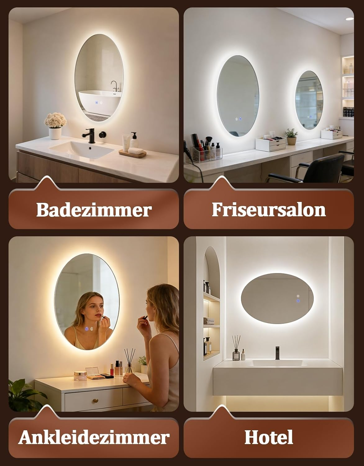 Quattro scene: bagno, salone, spogliatoio, camera d'albergo. Specchi ovali retroilluminati.