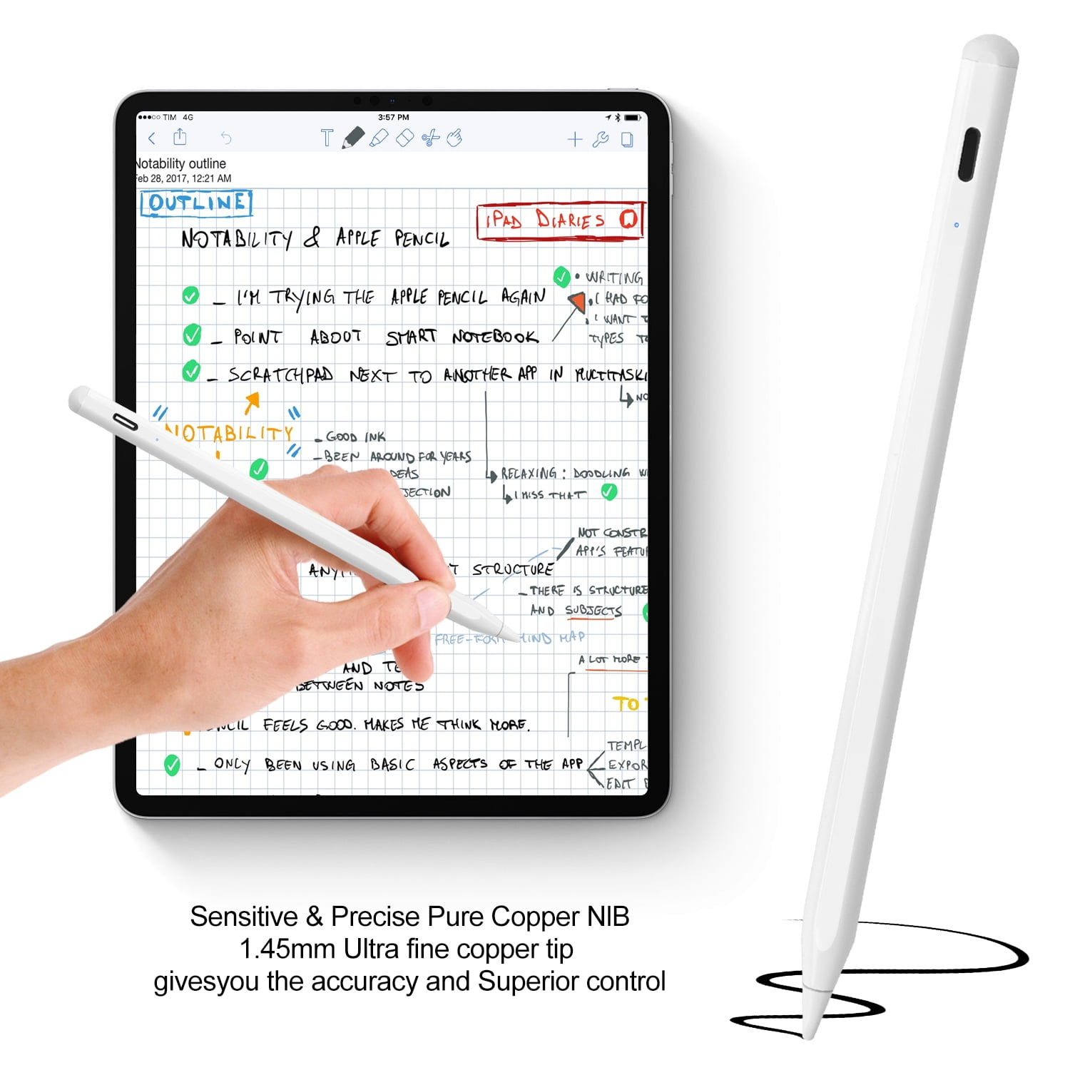 Ein Stift wird verwendet, um eine Notiz auf einem Tablet zu schreiben, das auf einem Gitterpapier-Hintergrund liegt.