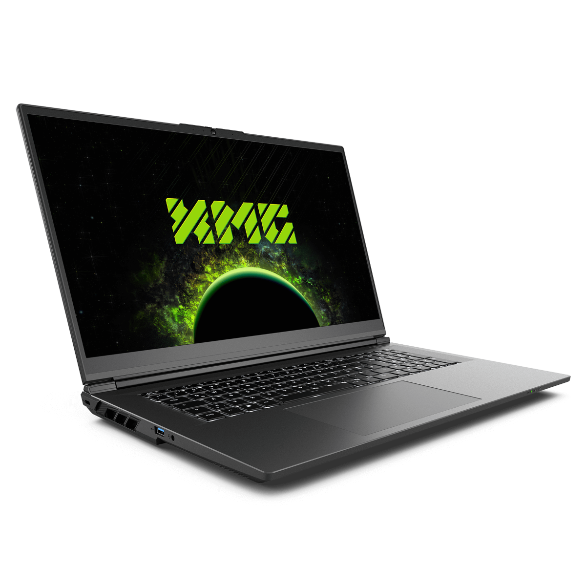 Ein schwarzer Laptop mit einem grünen Weltraum-Hintergrund und Logo.