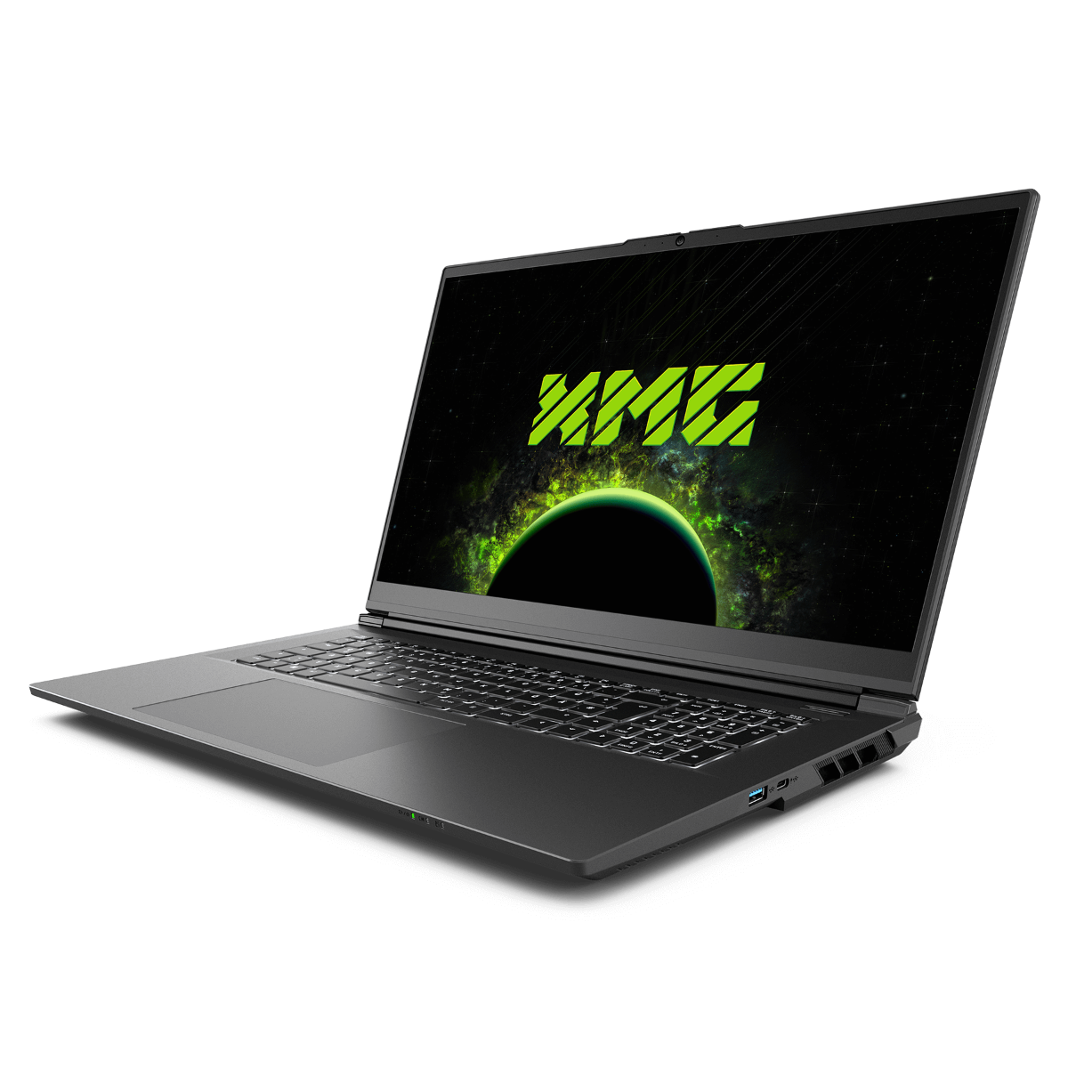 Ein schwarzer Laptop mit einem grünen Logo und einem Planeten auf dem Bildschirm.