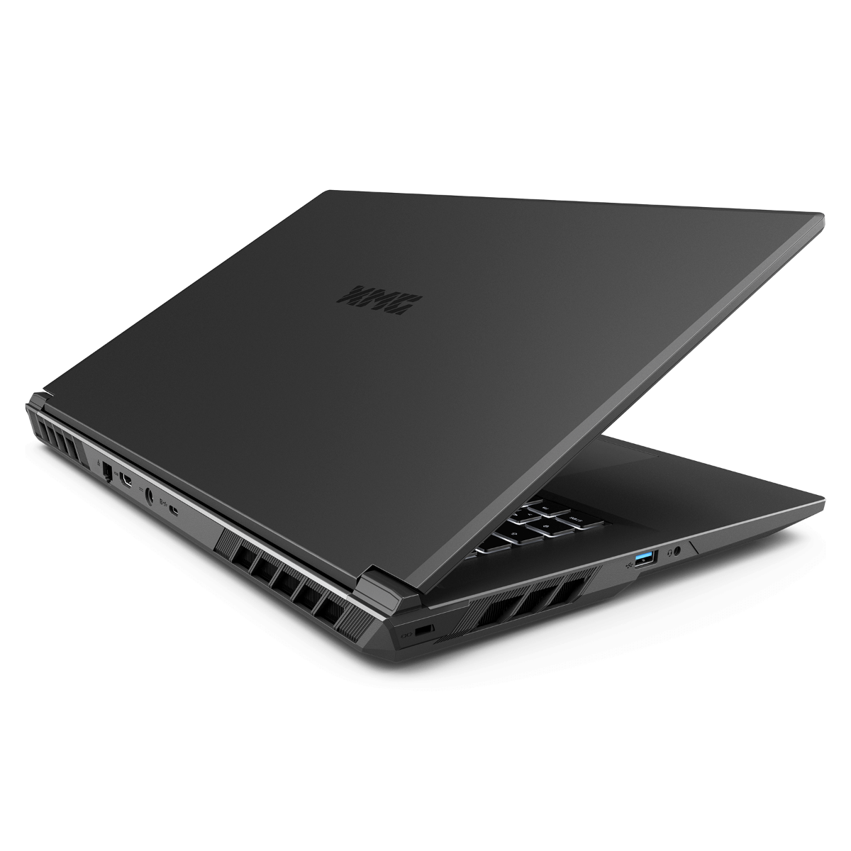 Ein geschlossener schwarzer Laptop mit Logo auf dem Deckel, USB-Anschlüssen und Lüftungsschlitzen.