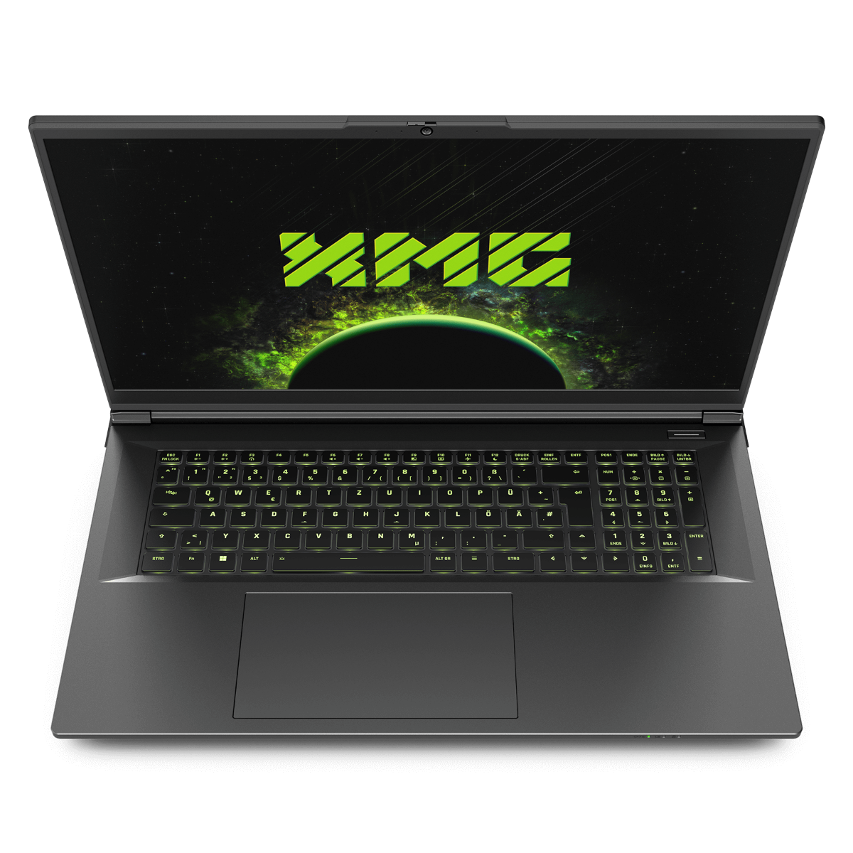 Ein geöffneter Laptop mit grünem Hintergrundbild und Tastaturbeleuchtung.