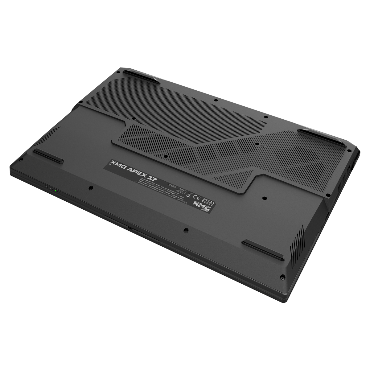 Unterseite eines schwarzen Laptops mit Belüftungsgittern und Beschriftung.
