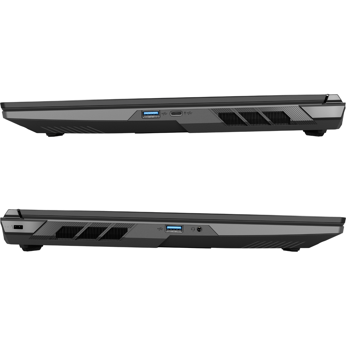 Zwei Seitenansichten eines grauen Laptops mit USB- und Ladeanschlüssen.