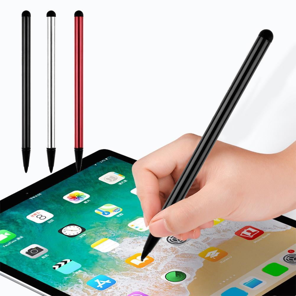 Eine Hand benutzt einen schwarzen Stylus auf einem Tablet mit vielen App-Symbolen.