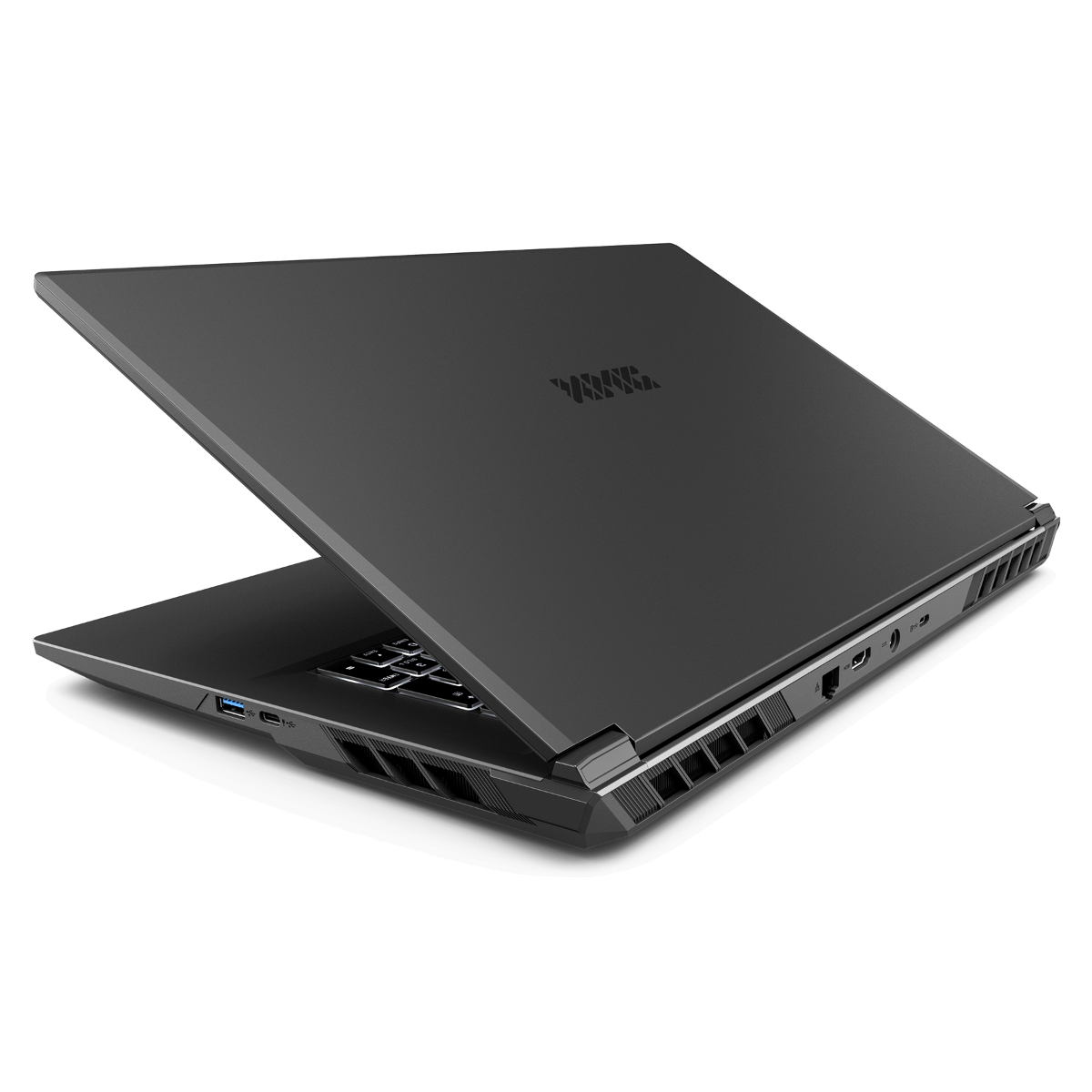 Ein geschlossener schwarzer Laptop mit Logo auf dem Deckel, auf schwarzem Hintergrund.