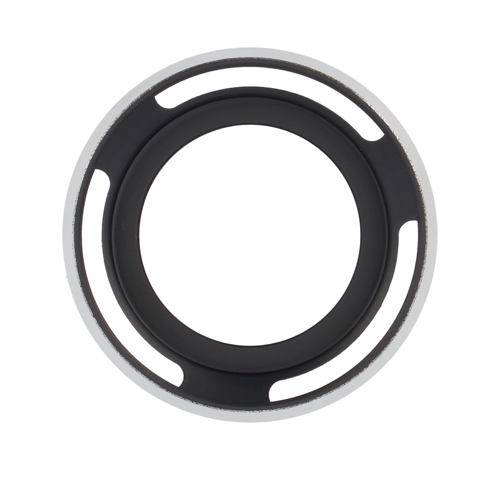 Ein schwarzer Ring mit silbernem Rand und Ausschnitten auf weißem Hintergrund.