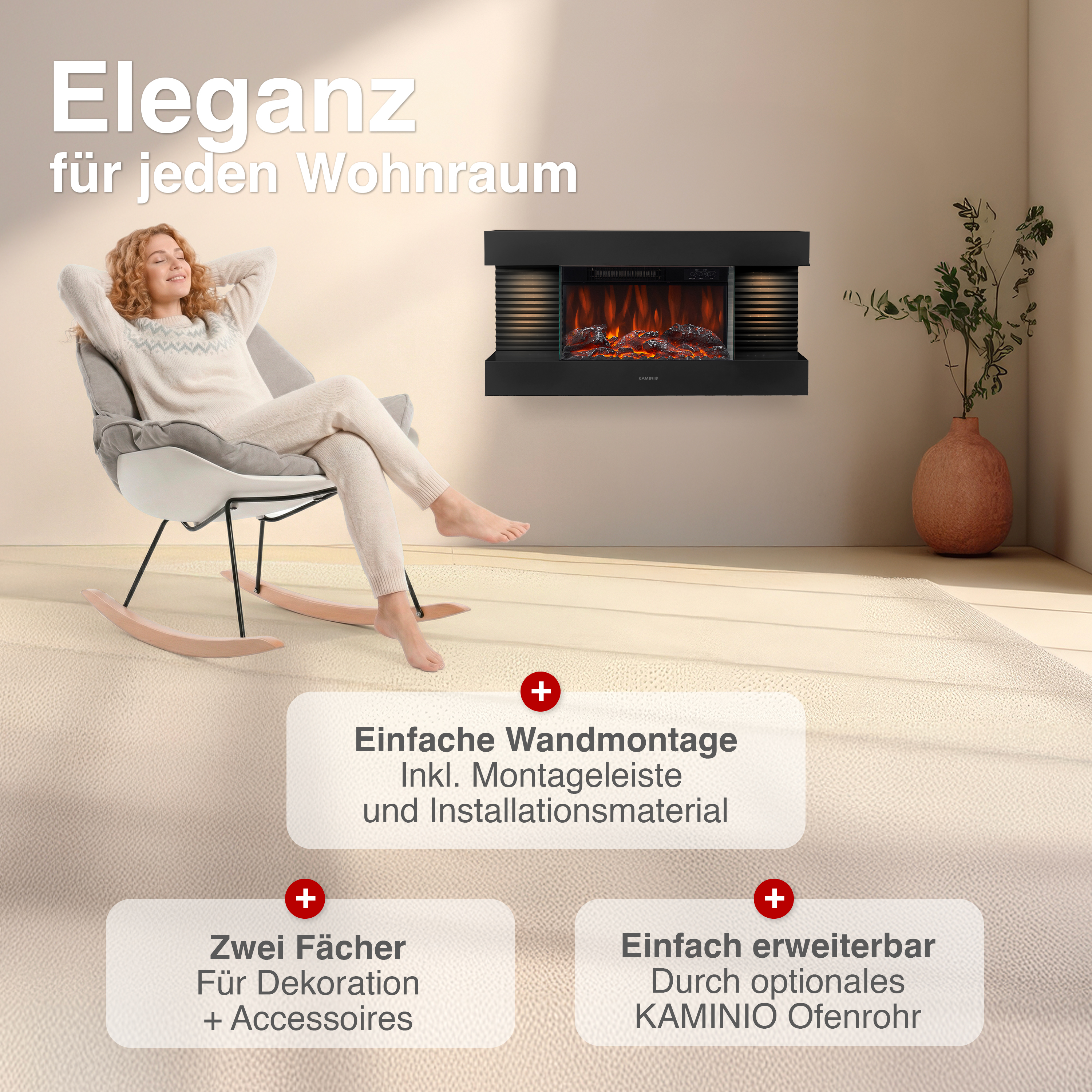 Frau entspannt in einem Schaukelstuhl vor einem Kamin mit Flammen.