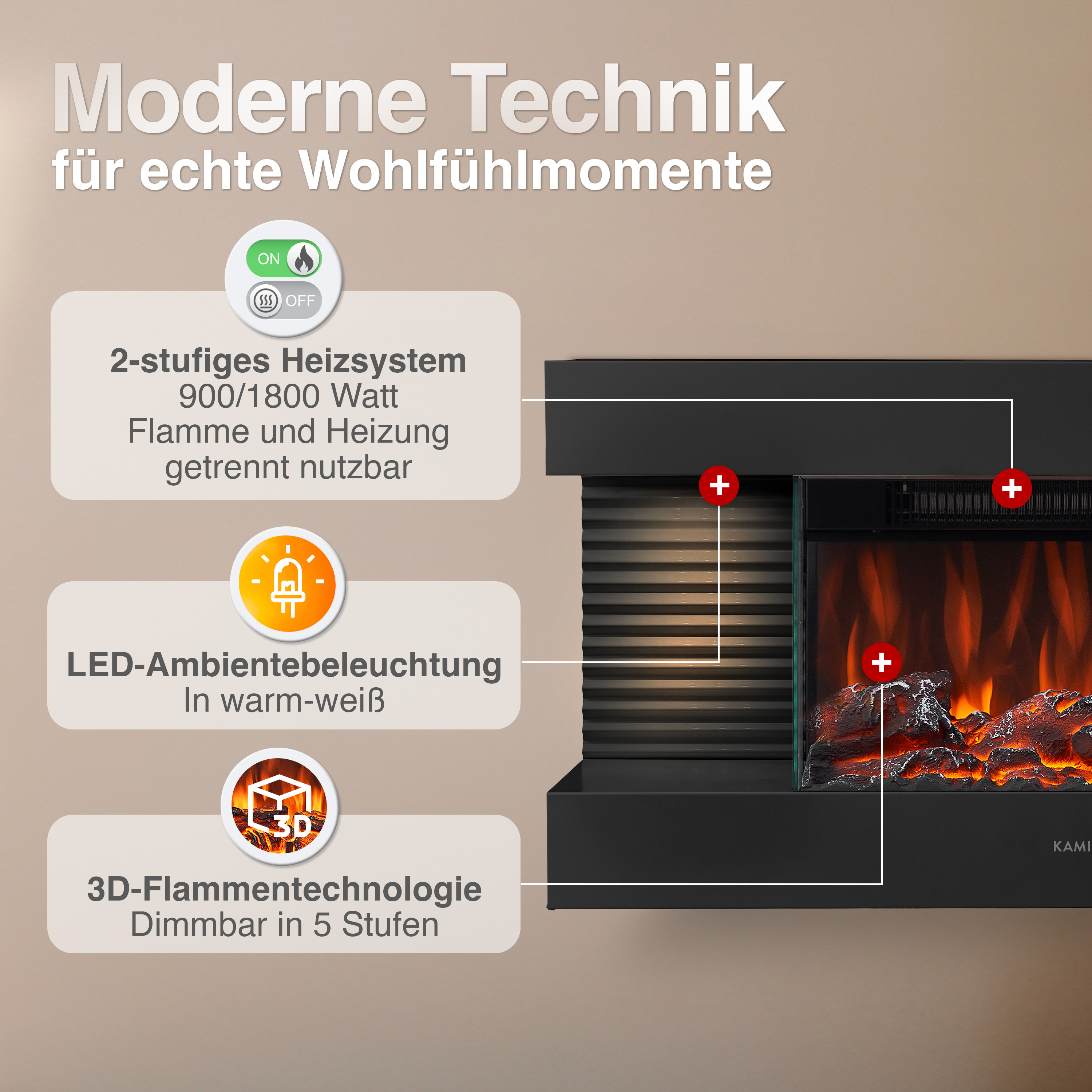 Moderner Elektrokamin mit 3D-Flammen, LED-Licht und Heizfunktion.