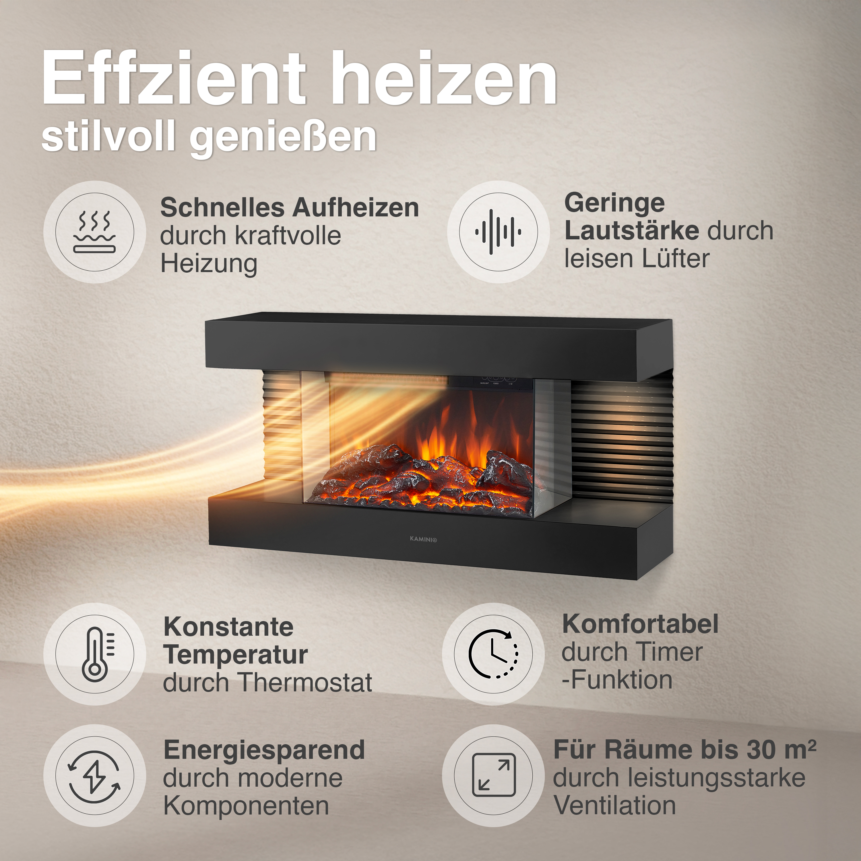 Moderner Kamin mit Flammen und Heizfunktion, Icons zeigen Funktionen.