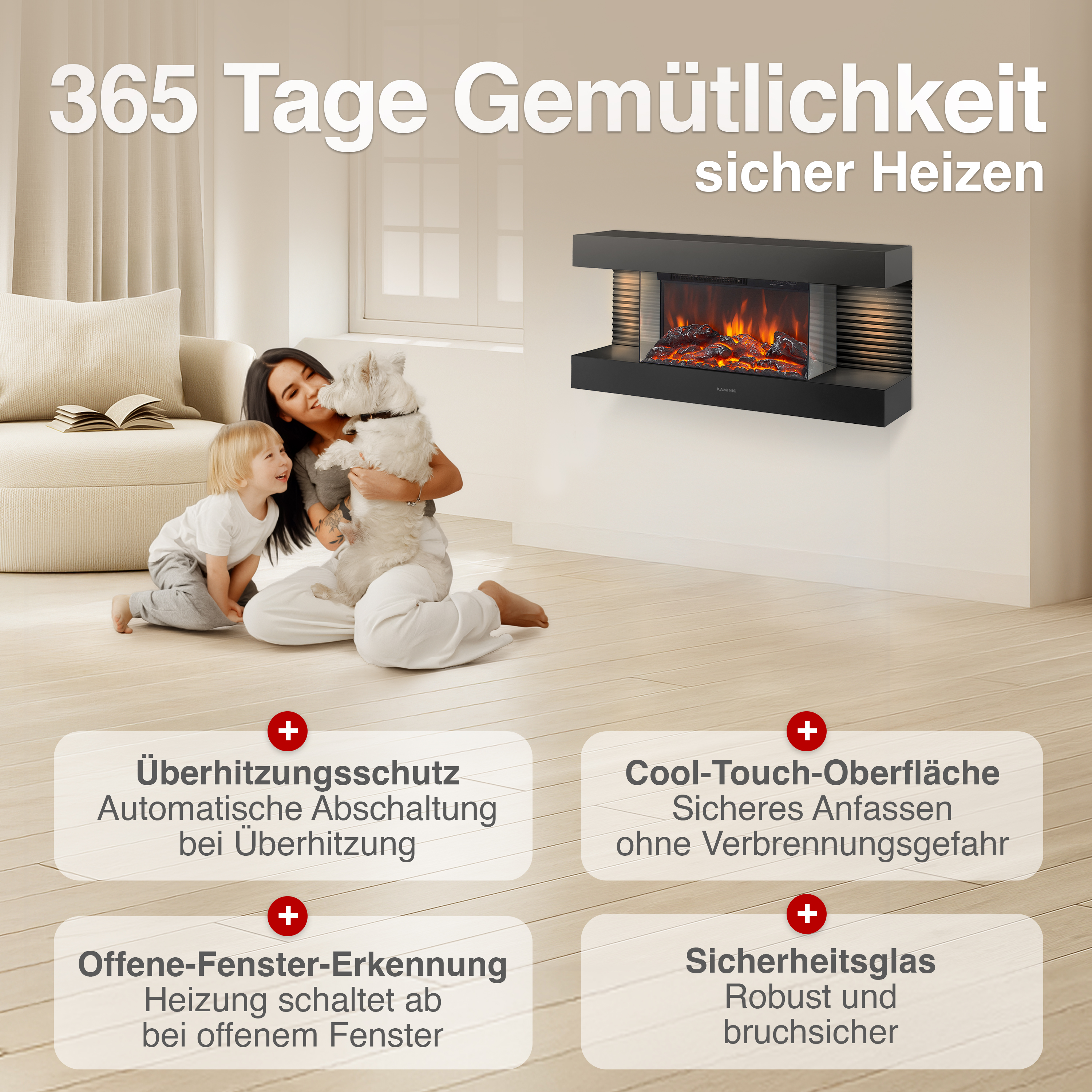 Familie mit Hund vor Kamin. Text über Sicherheit und Komfort.