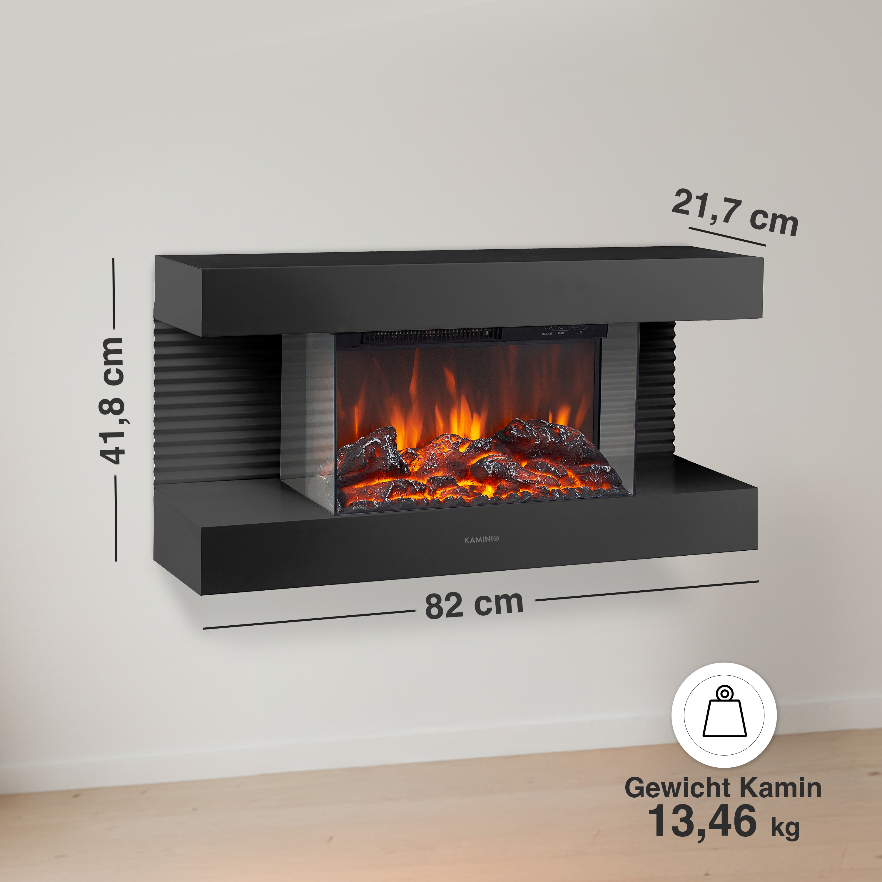 Schwarzer Kaminsims mit Flammen-Effekt. Maße: 82x41,8x21,7 cm.
