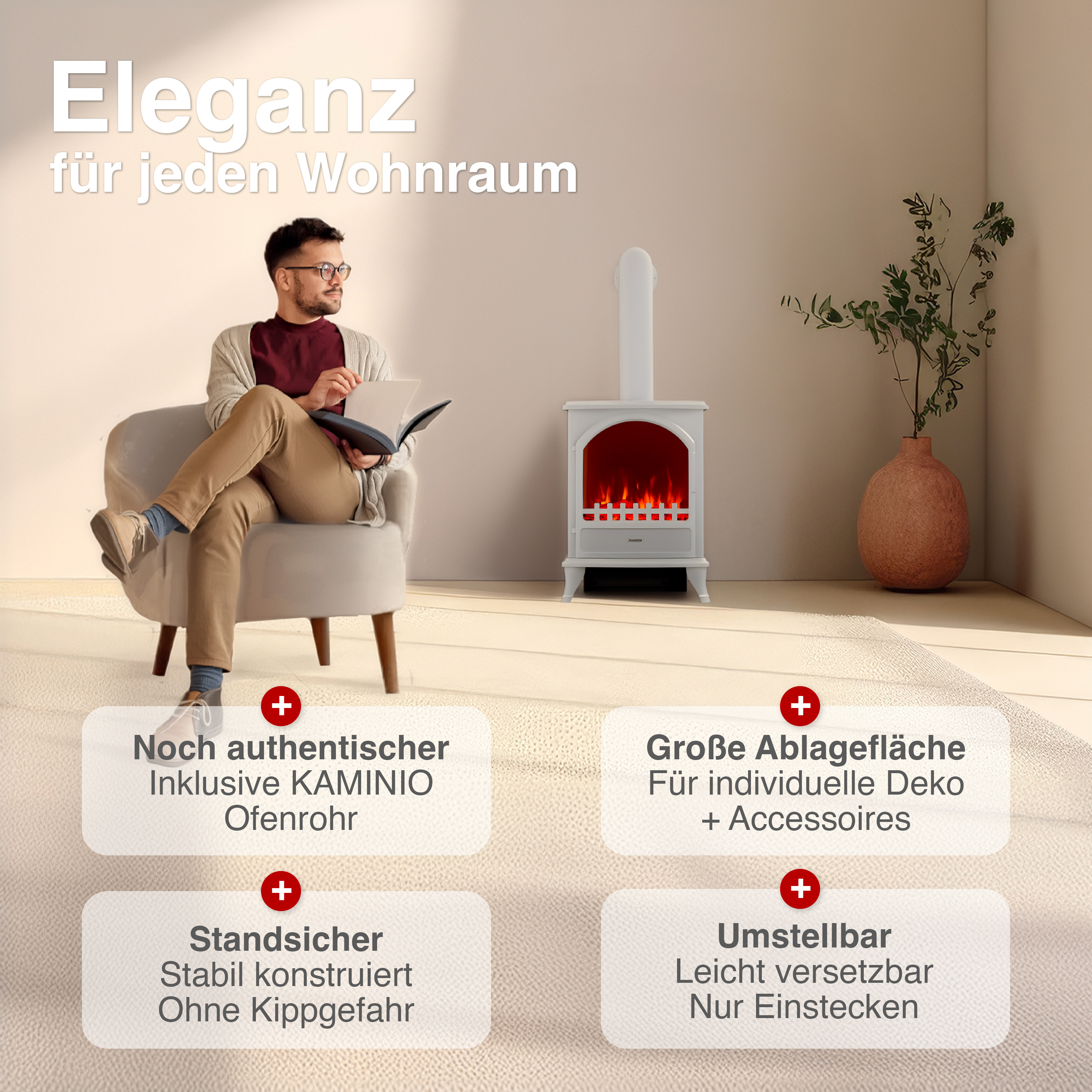 Ein Mann sitzt auf einem Sessel neben einem weißen Kamin mit Flammen.