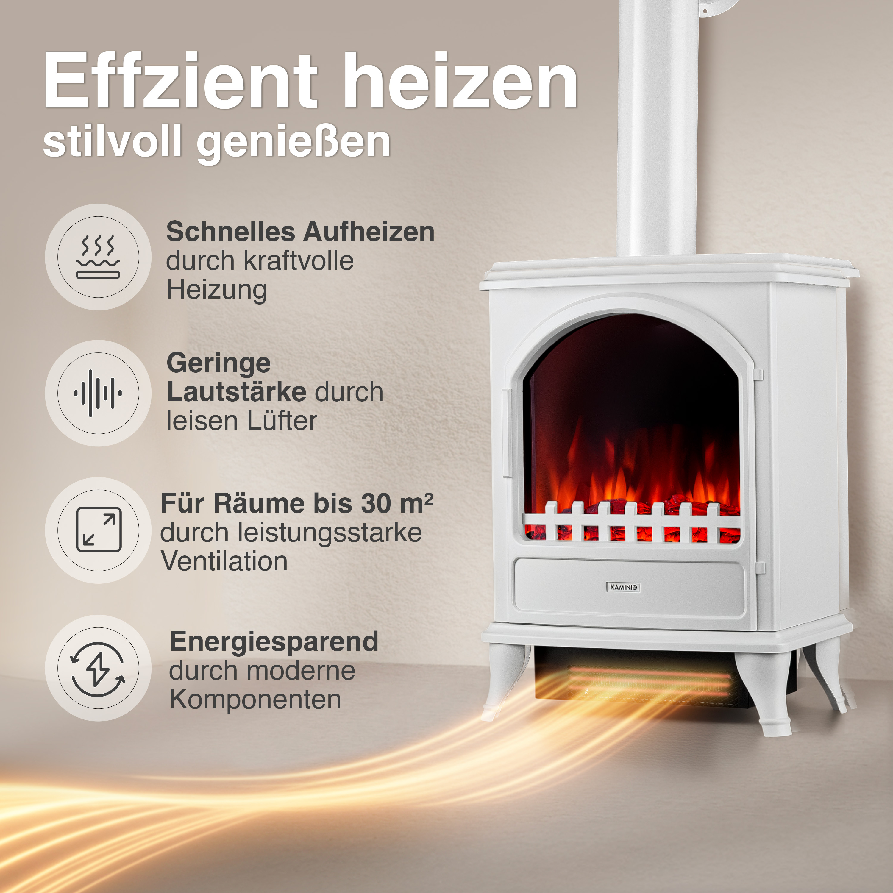 Ein weißer Kaminofen mit Flammen-Effekt, der Wärme ausstrahlt.