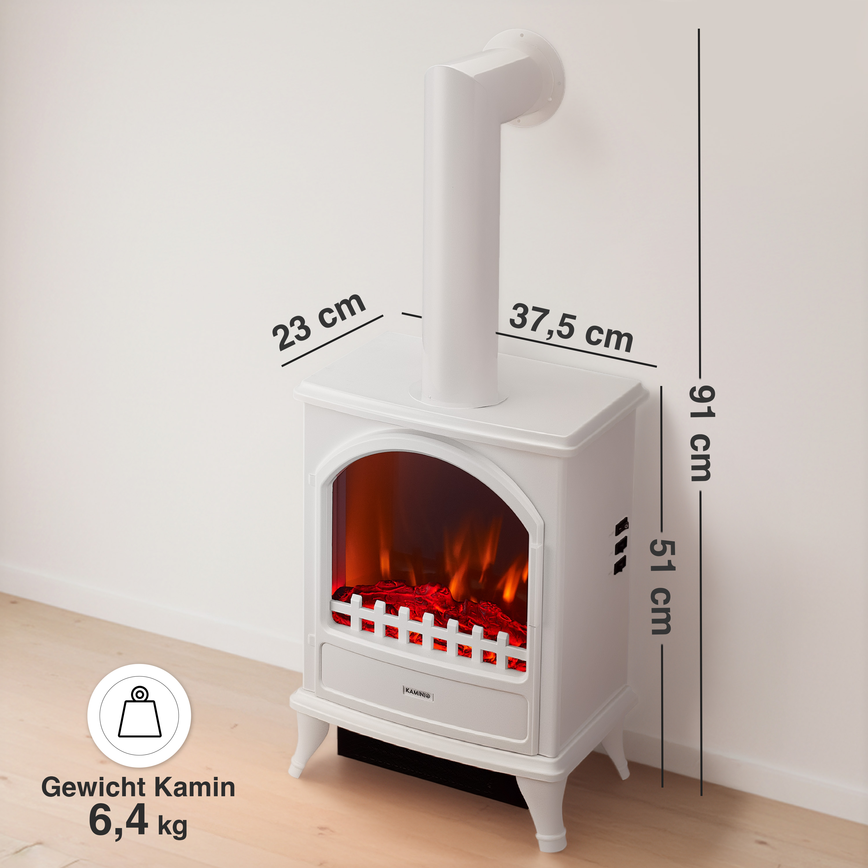 Ein weißer Kamin mit Flammen und Maßen (23x37,5x91cm).