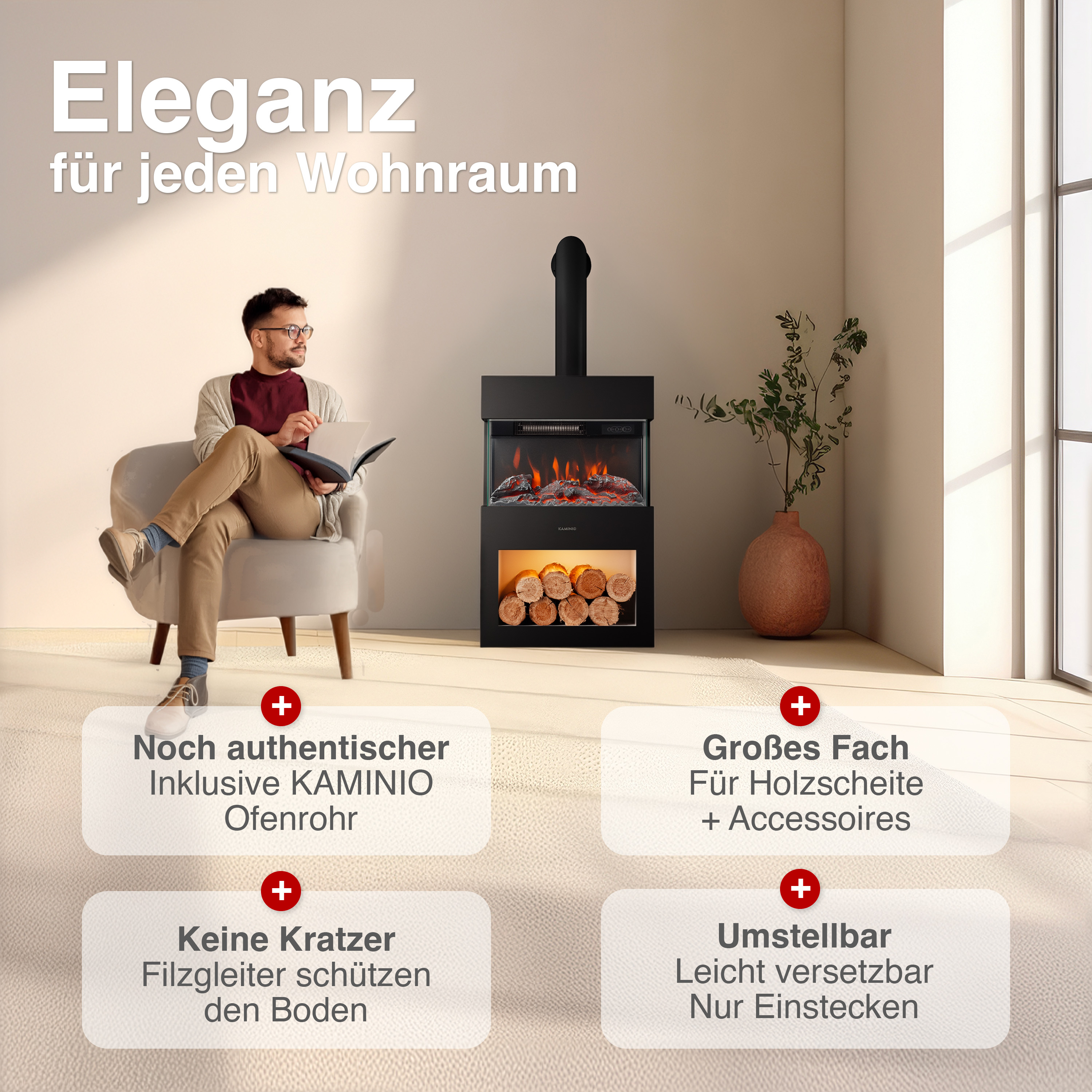 Mann sitzt im Sessel vor Kamin. Text über Eleganz und Features.