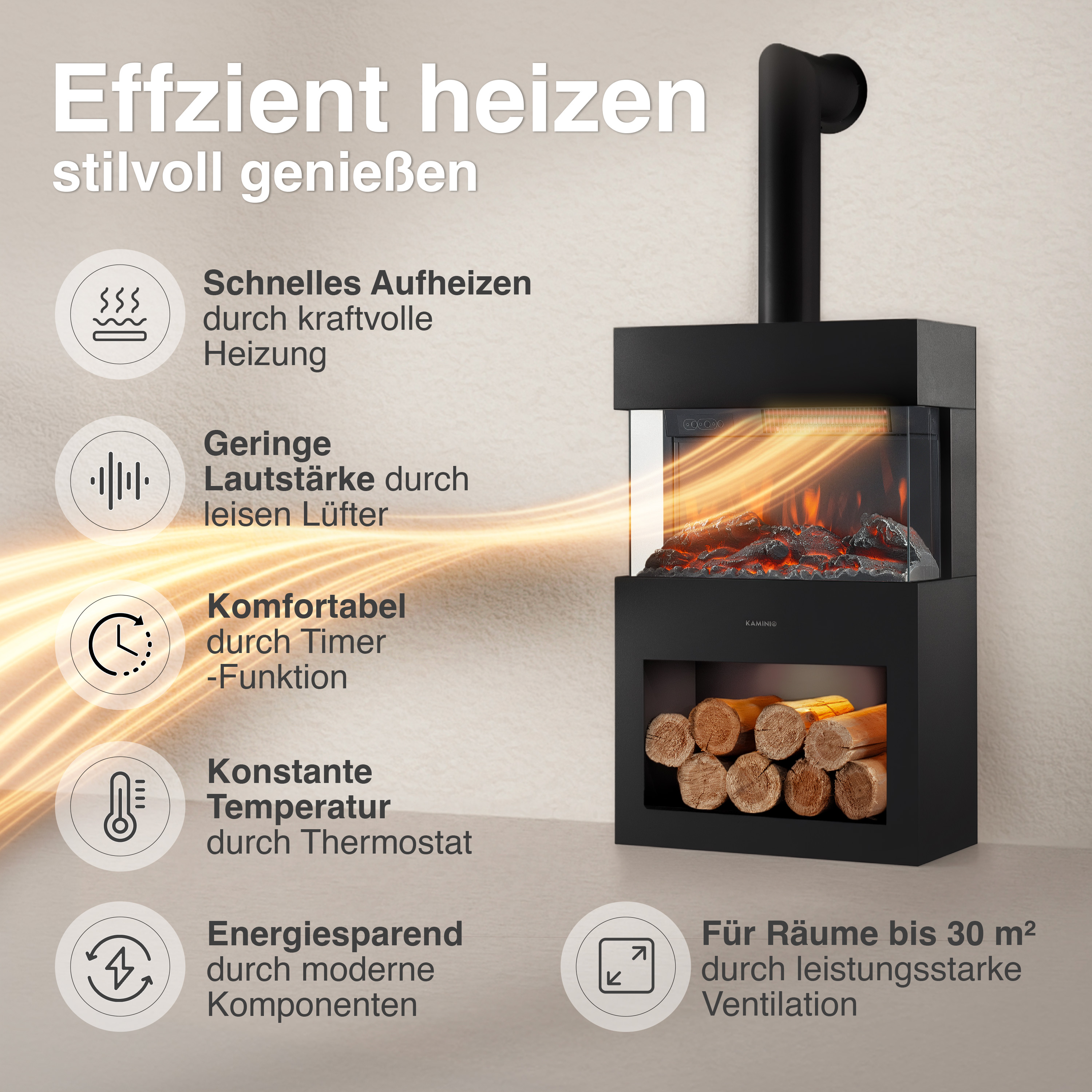 Moderner schwarzer Elektrokamin mit Holzscheiten und Flammen.