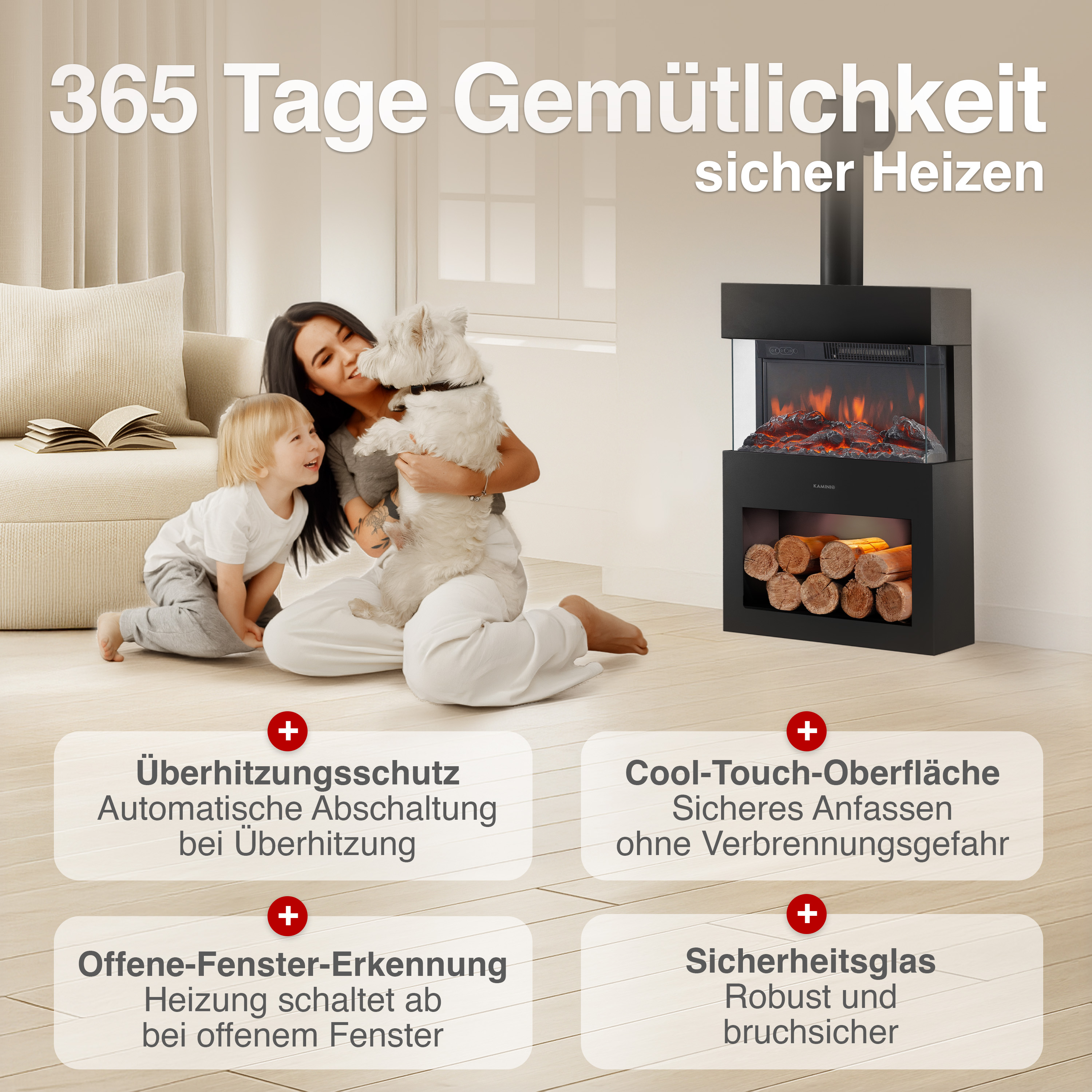 Mutter, Kind und Hund vor Kamin. Text über sicheres Heizen.