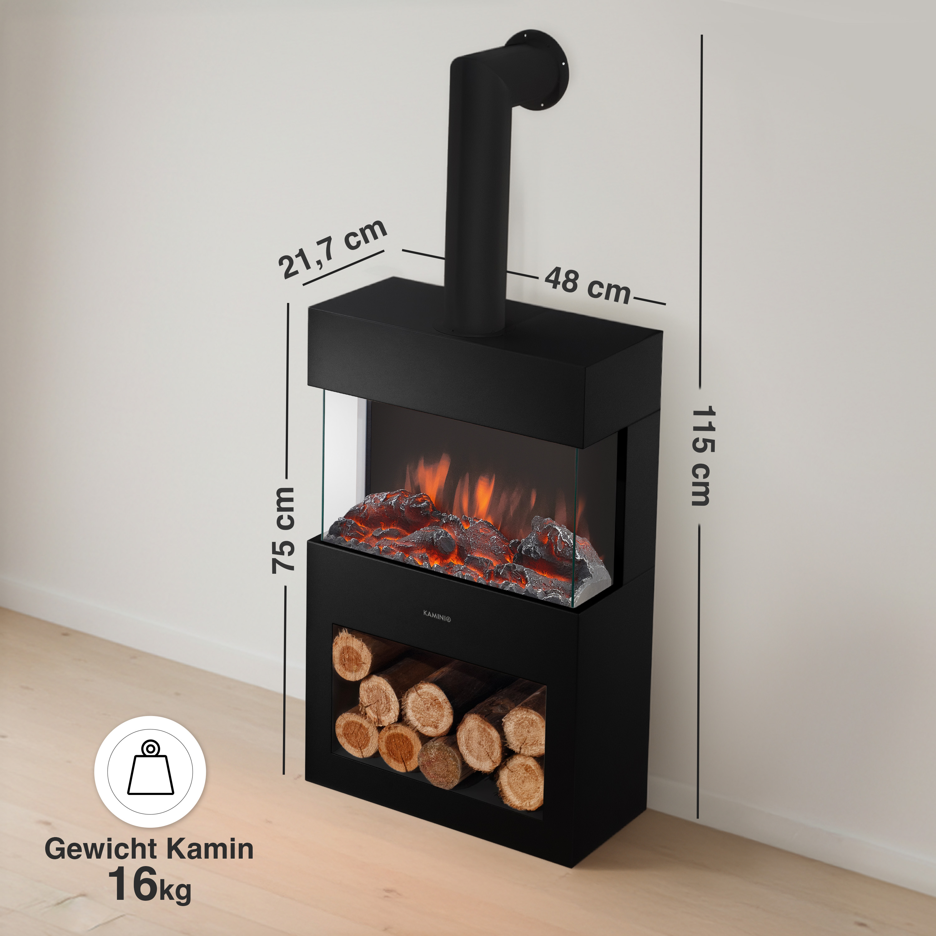 Schwarzer Kamin mit Glasfront, Holzscheiten und Flammen-Effekt.