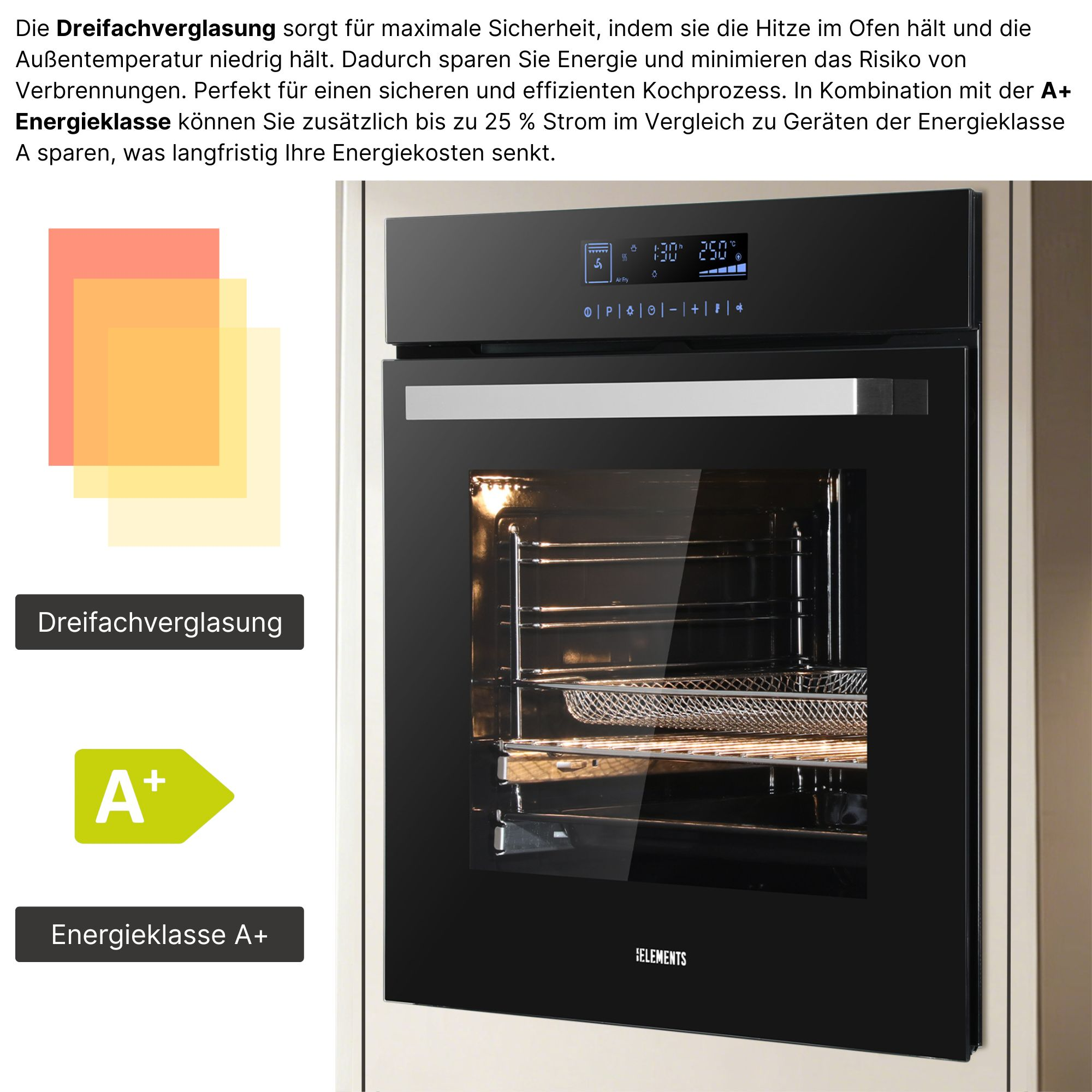 Ein moderner schwarzer Ofen mit Touchscreen-Bedienfeld und A+ Energieeffizienzlabel.