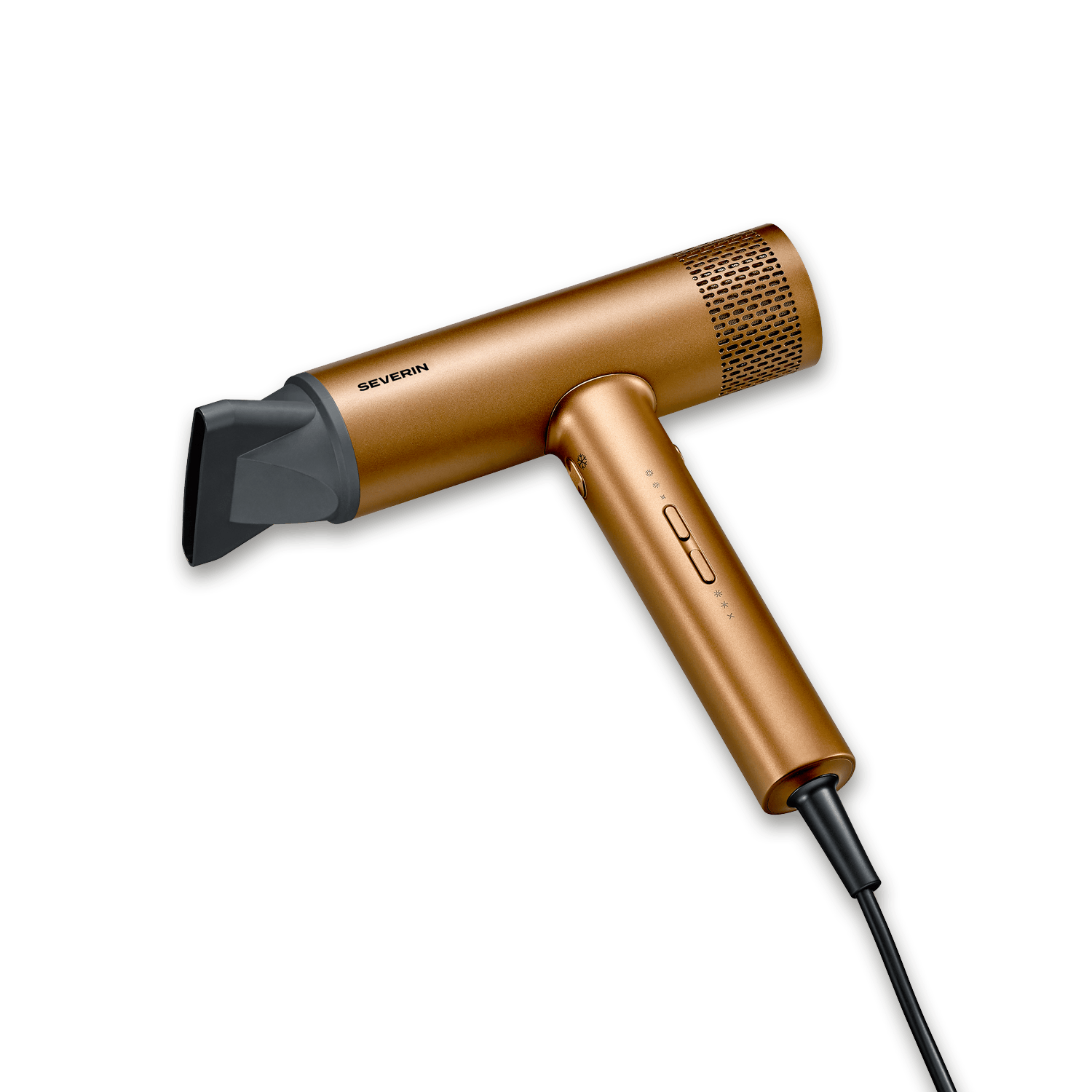 Ein bronzefarbener Haartrockner mit schwarzer Düse und Kabel auf grünem Hintergrund.