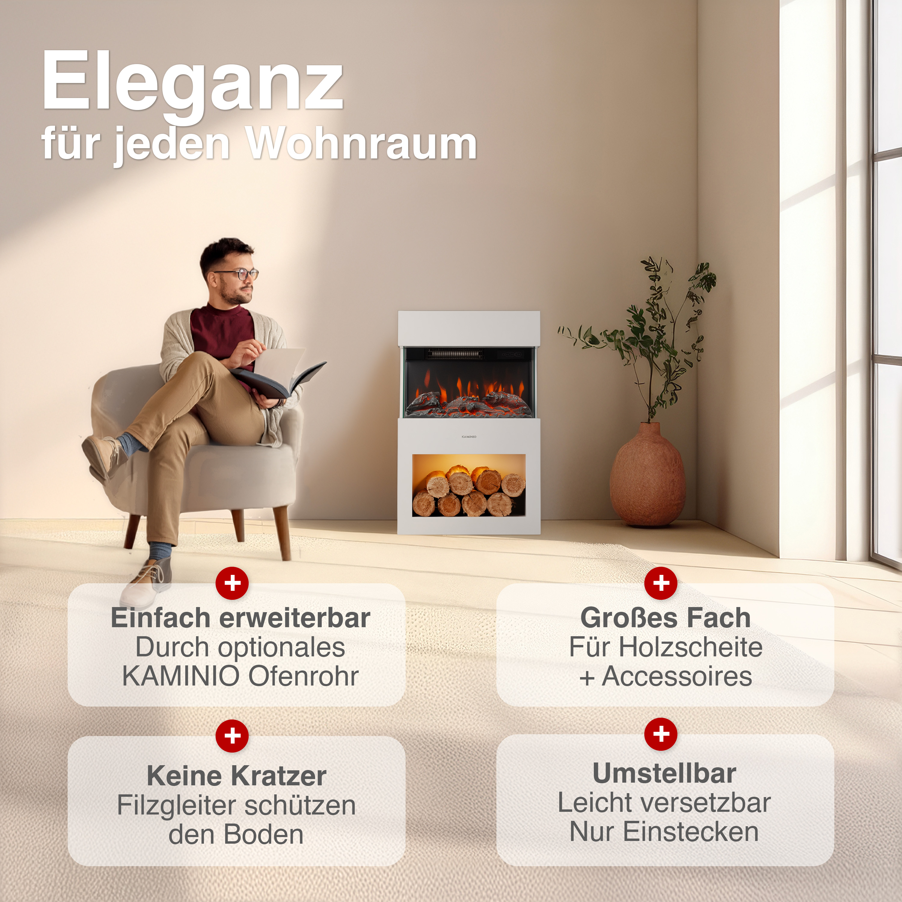 Eleganter Kamin mit Mann im Sessel. Viel Platz für Holz.