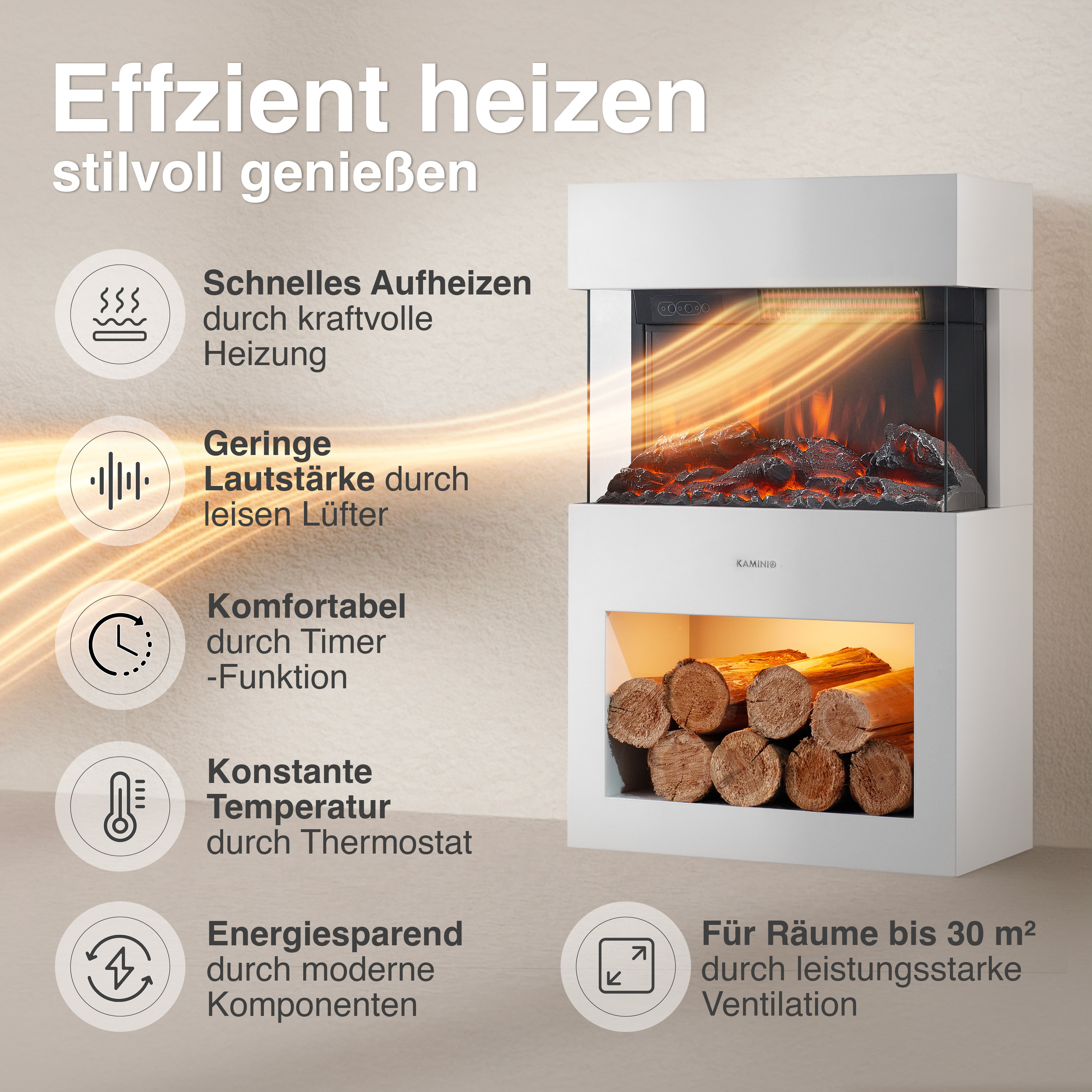 Moderner weißer Kamin mit Flammen- und Holzdekor. Effizient heizen.