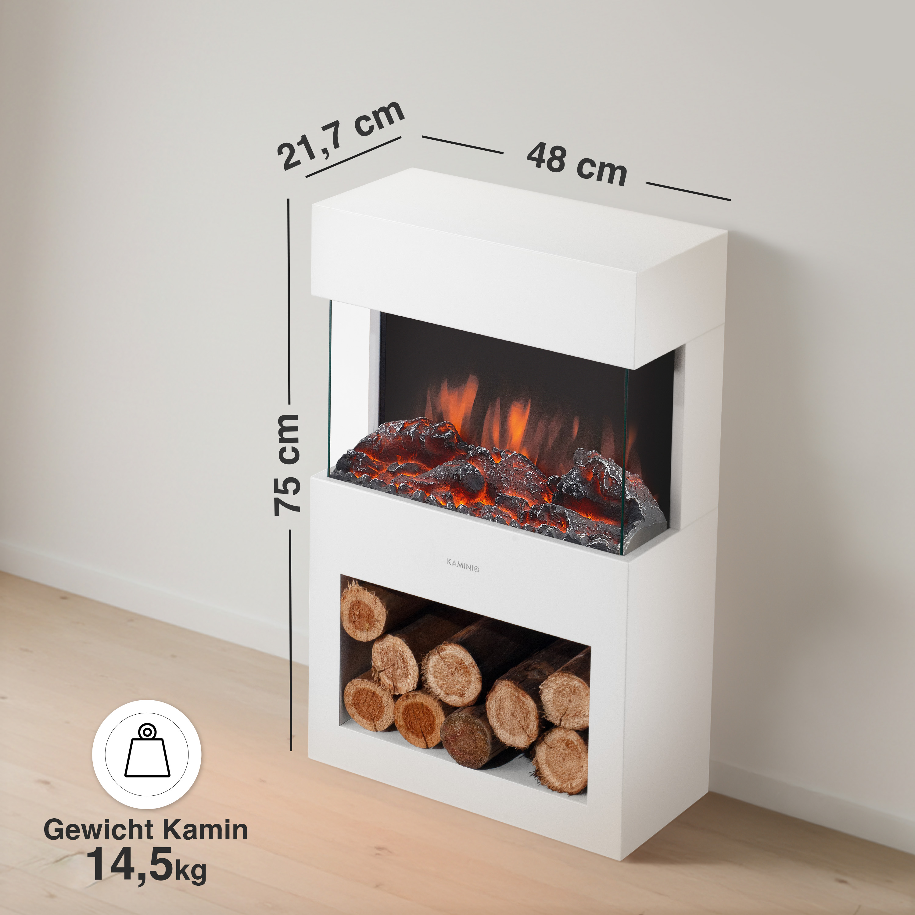Ein weißer Kaminsims mit Flammen und Holzscheiten, Maße angegeben.