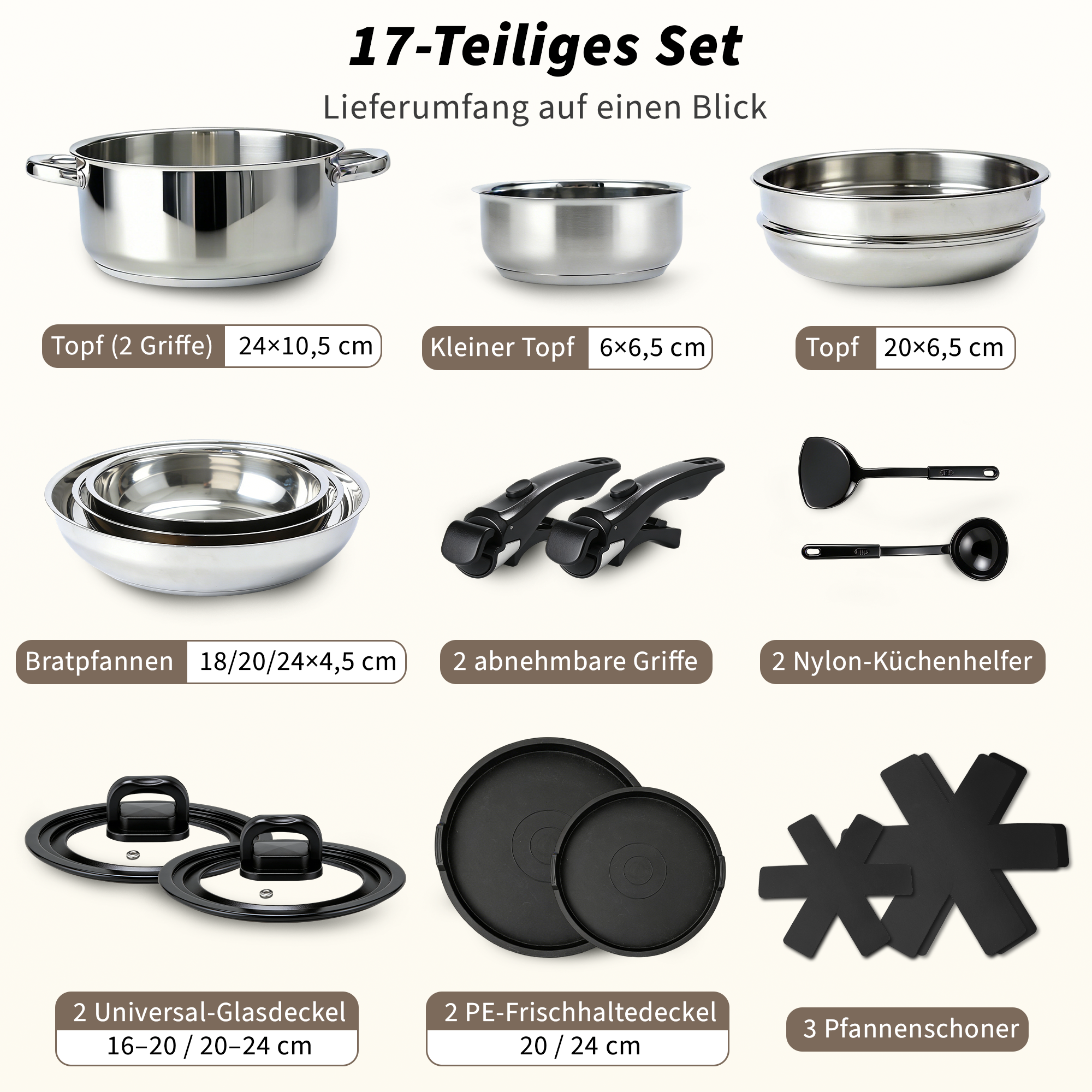Ein 17-teiliges Kochgeschirrset mit Töpfen, Pfannen, Deckeln und Helfern.