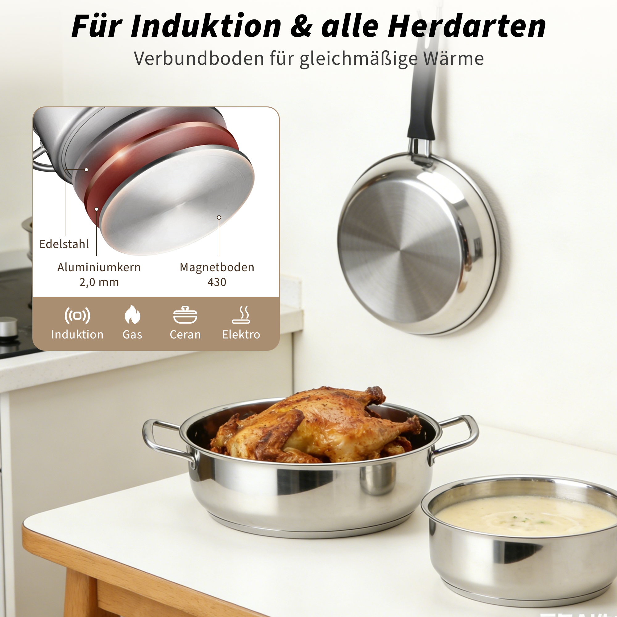 Edelstahlkochtopf mit Brathähnchen und Suppe. Detailansicht des Bodens.