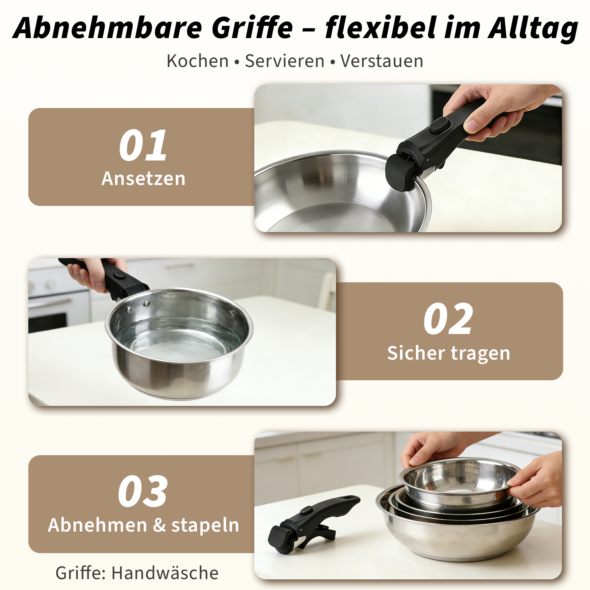 Anleitung für abnehmbare Griffe: Ansetzen, tragen, stapeln. Edelstahlgeschirr.