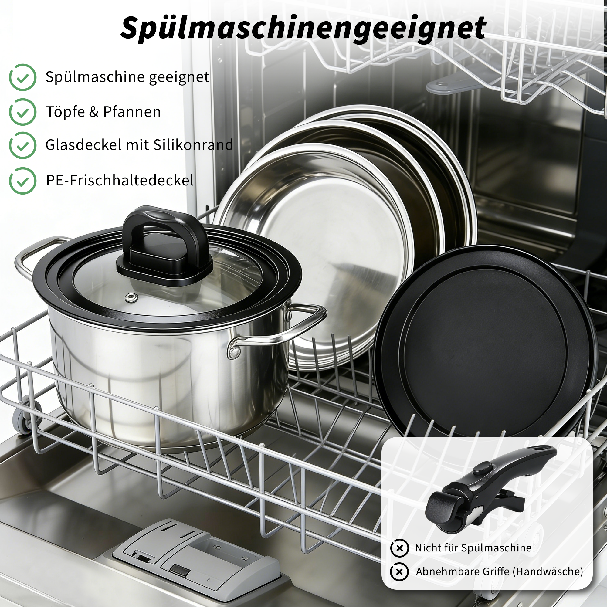 Edelstahltöpfe und Pfannen mit Glasdeckel in einem Geschirrspüler.