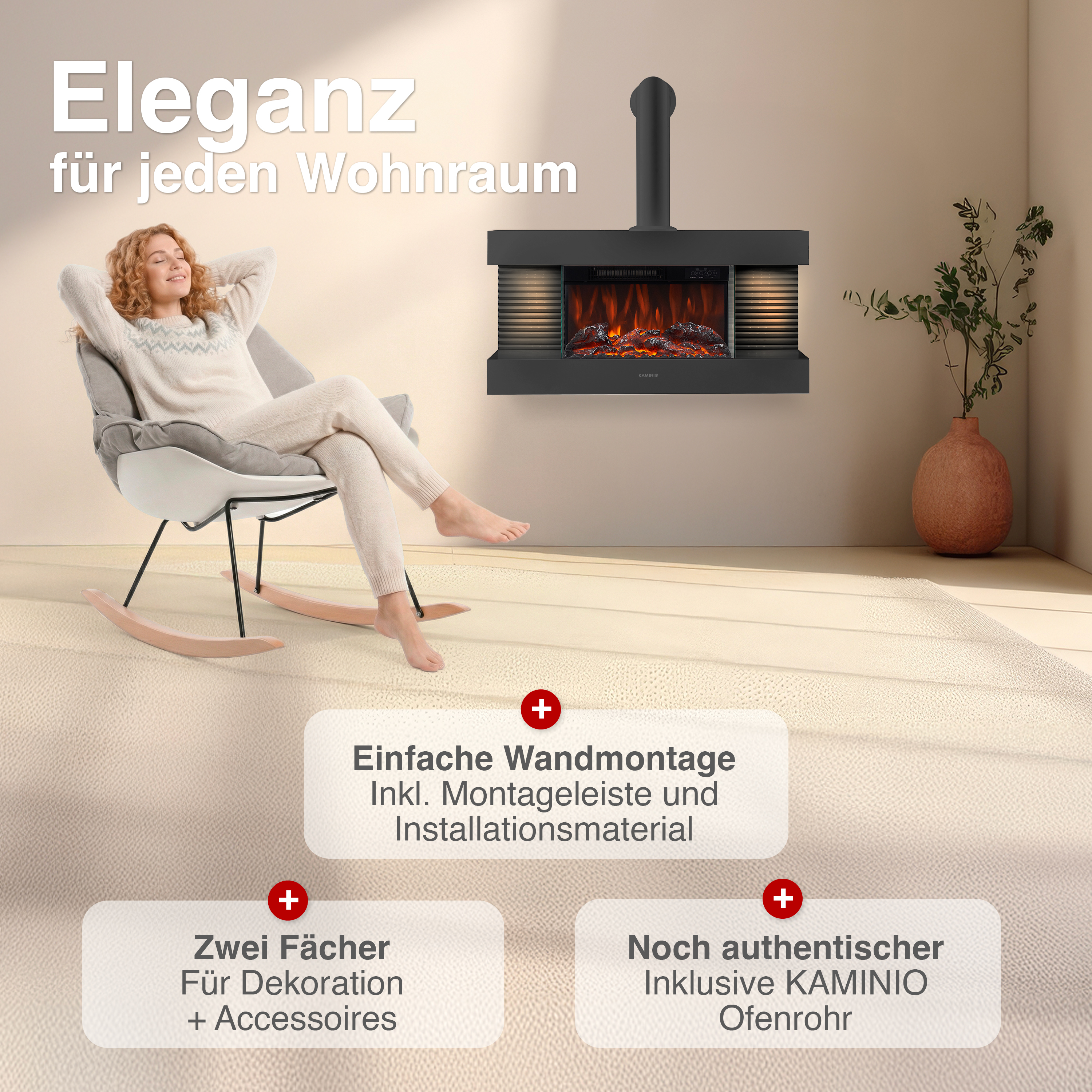 Eine Frau entspannt sich in einem Schaukelstuhl vor einem modernen Elektrokamin.