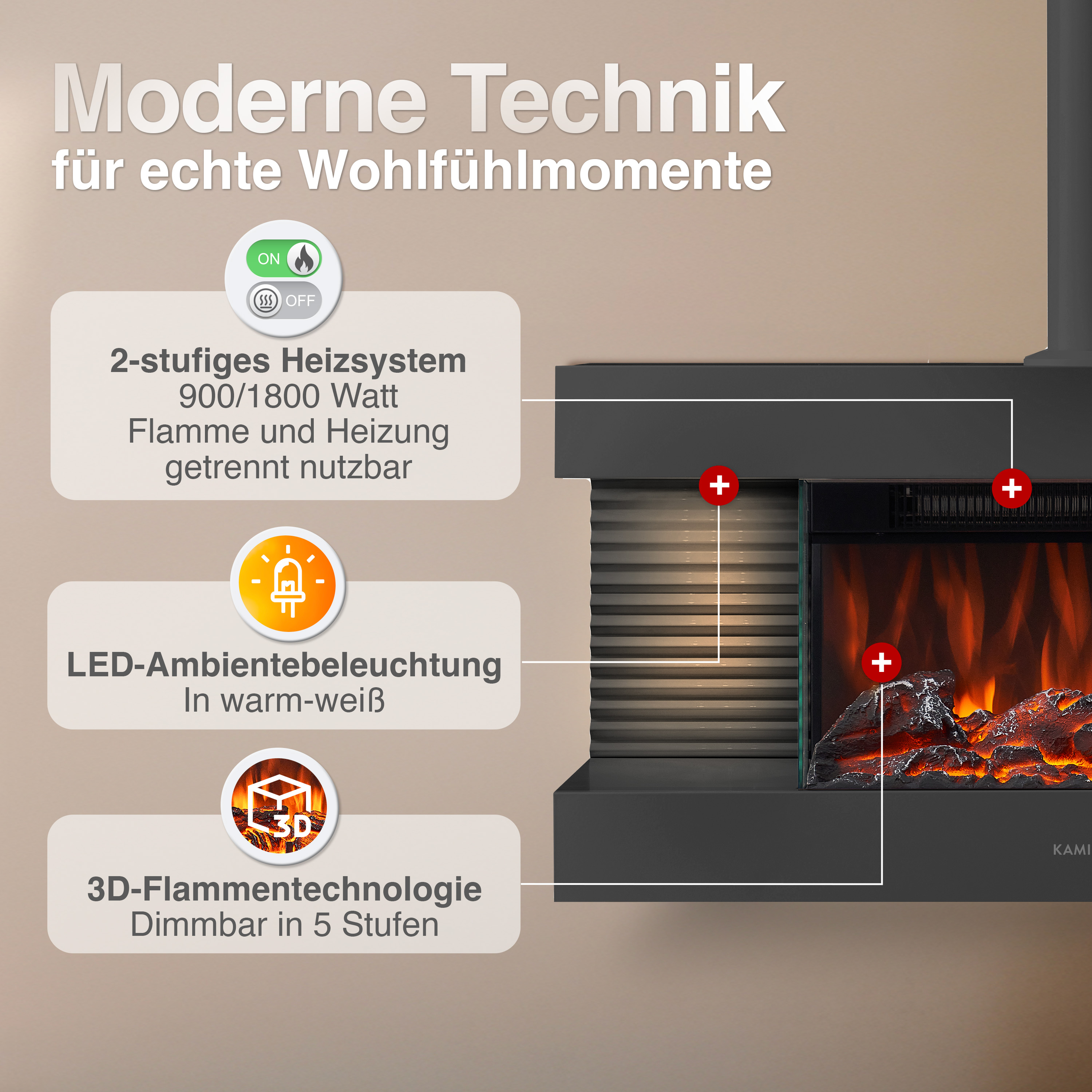 Elektrischer Kamin mit 2-Stufen-Heizung, LED-Beleuchtung und 3D-Flammentechnik.