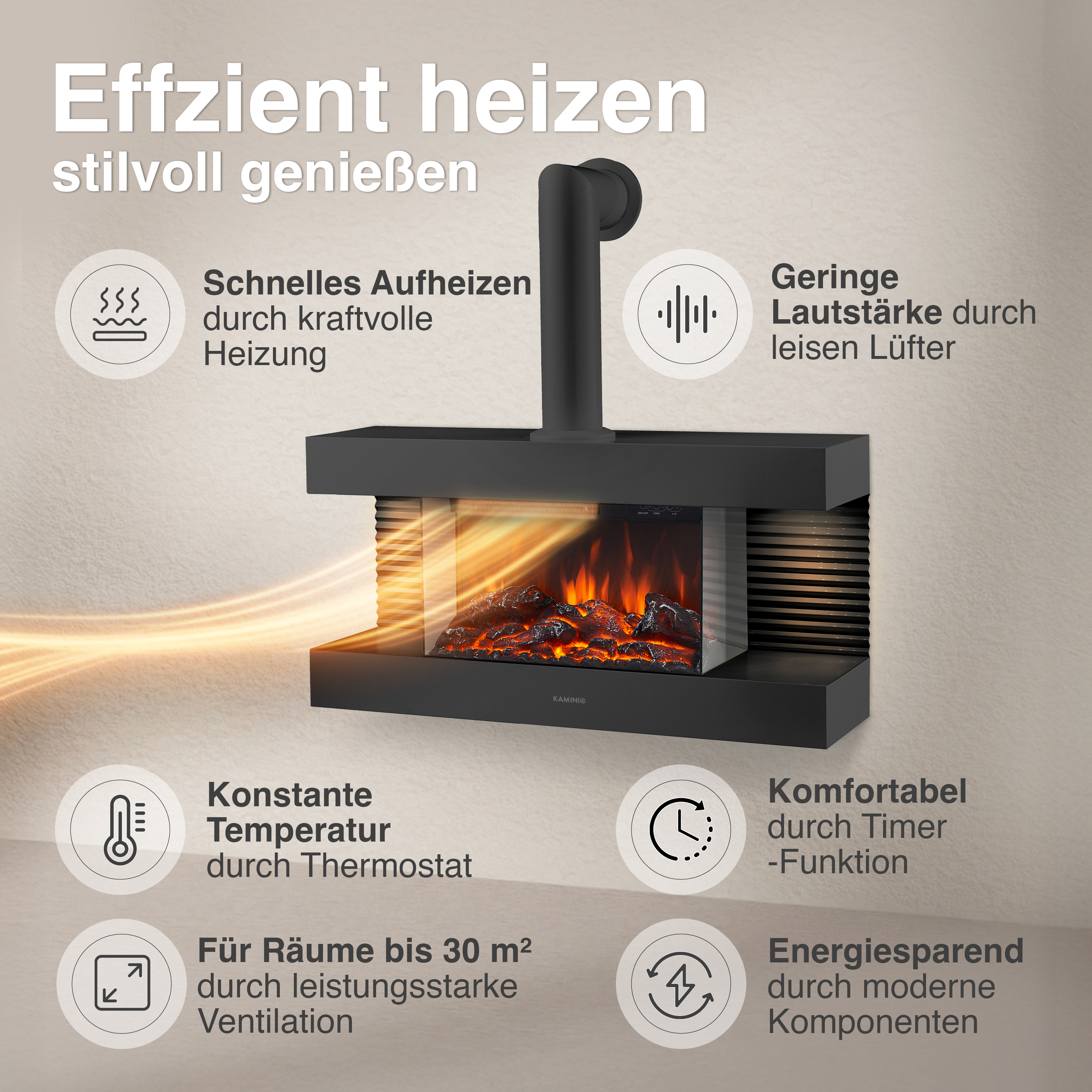 Ein moderner schwarzer Kamin mit Flammen-Effekt und Heizelementen.