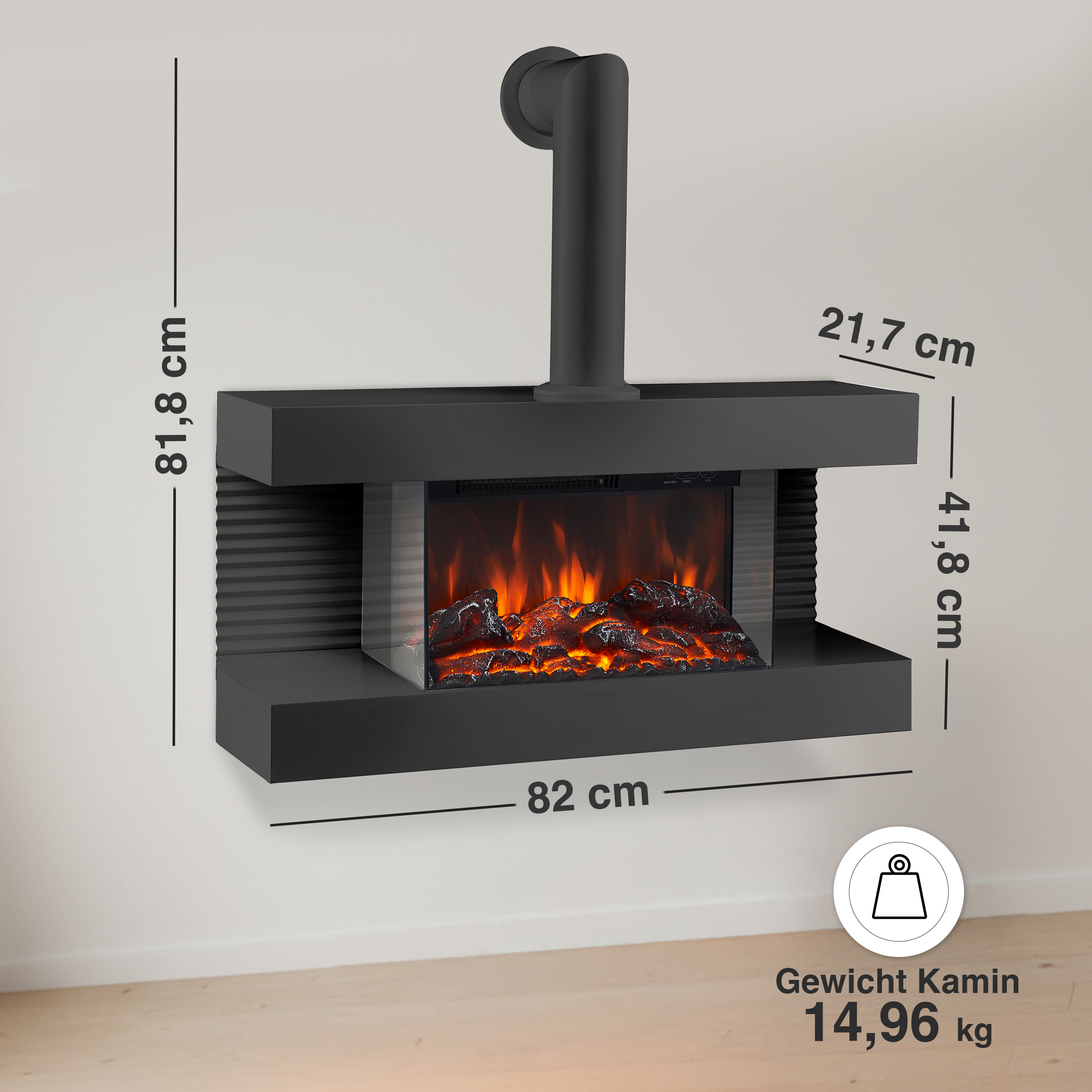 Moderner schwarzer Elektrokamin mit realistischer Flammenoptik, Maße: 82x41,8x21,7cm.