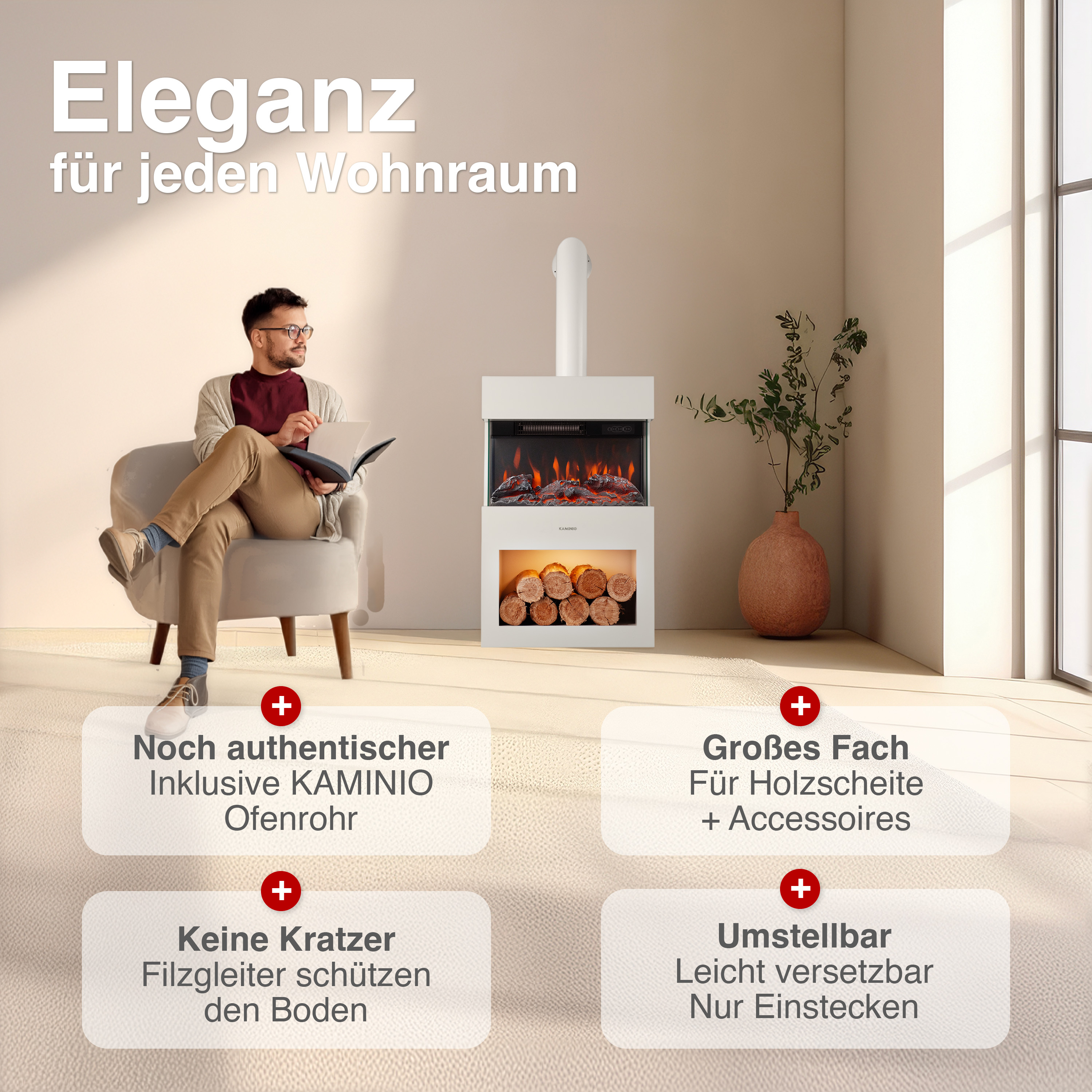 Eleganter weißer Kamin mit Mann im Sessel. Text über Merkmale.