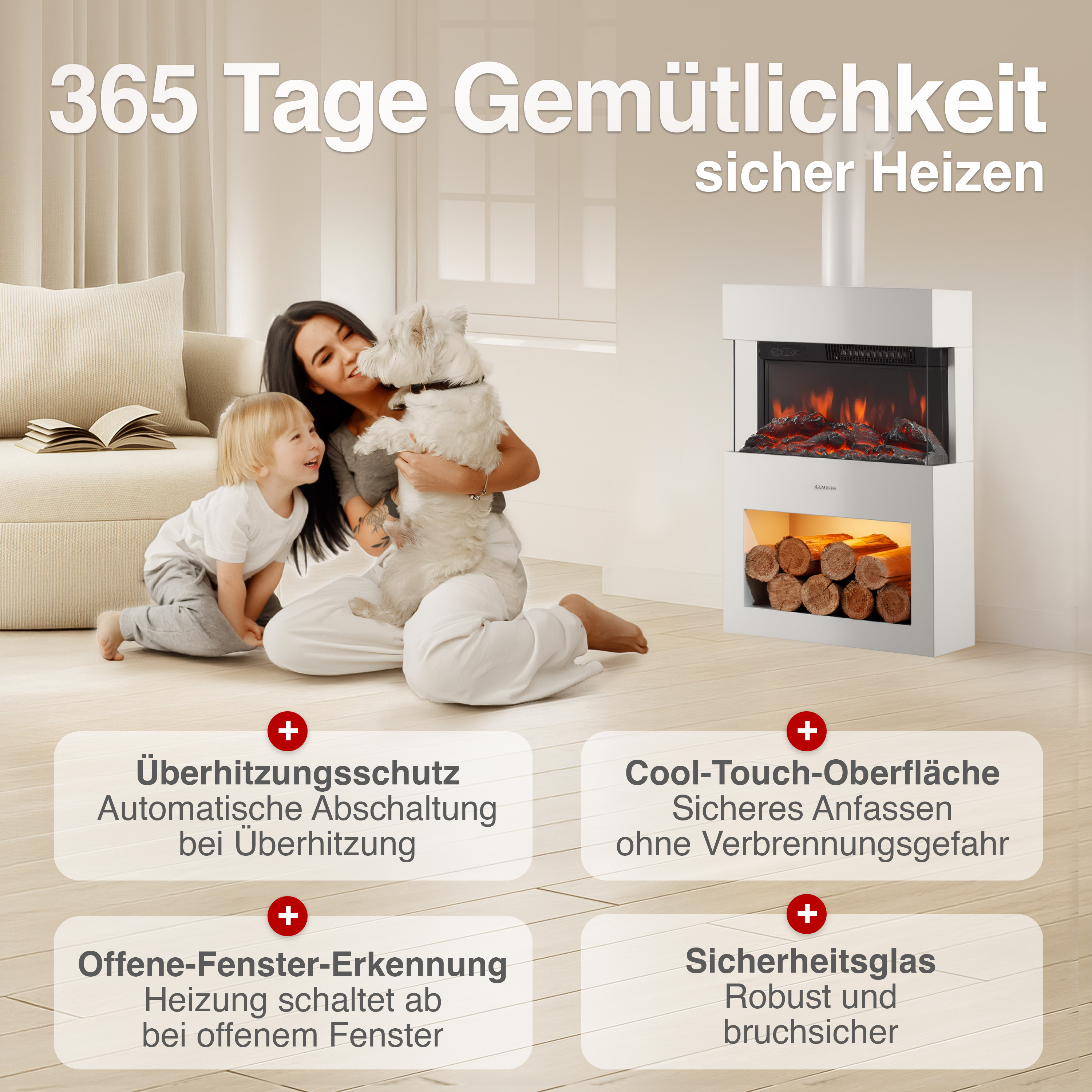 Frau mit Kind und Hund vor modernem Kamin, mit Text zu Funktionen.