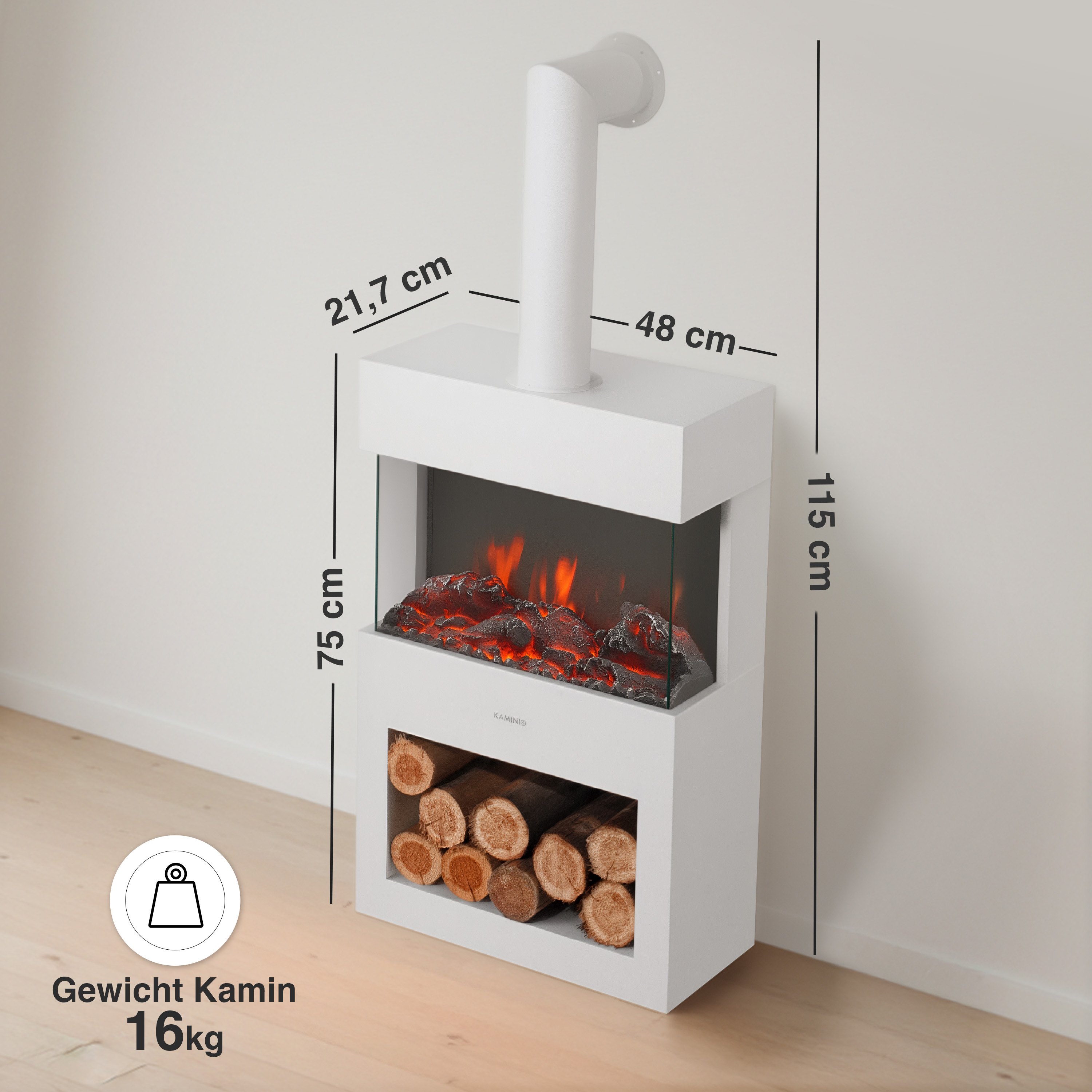 Moderner weißer Kamin mit Holzfach, Glasfront und künstlichem Feuer.