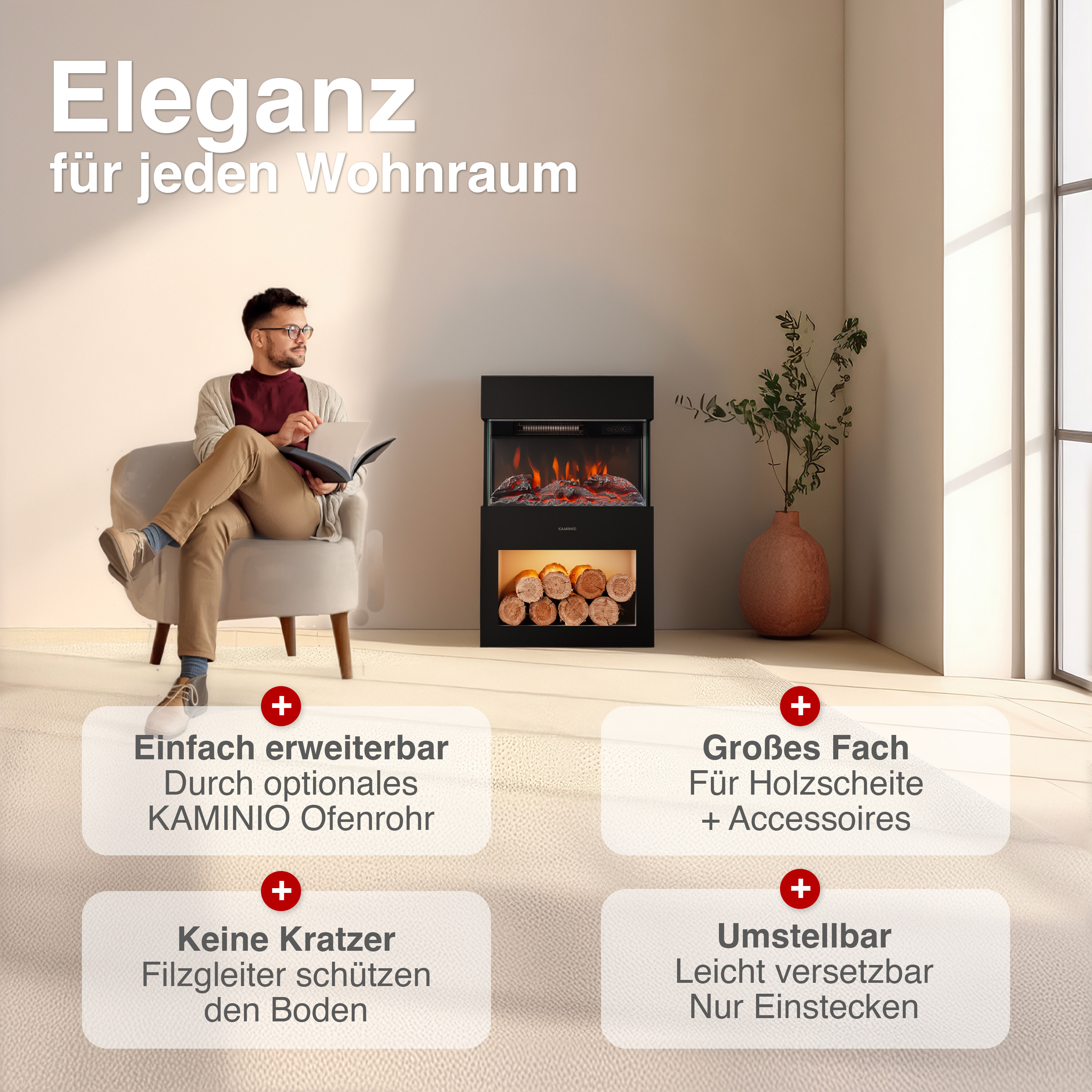 Eleganter Kamin mit brennenden Flammen, Mann im Sessel, dekorative Vase.