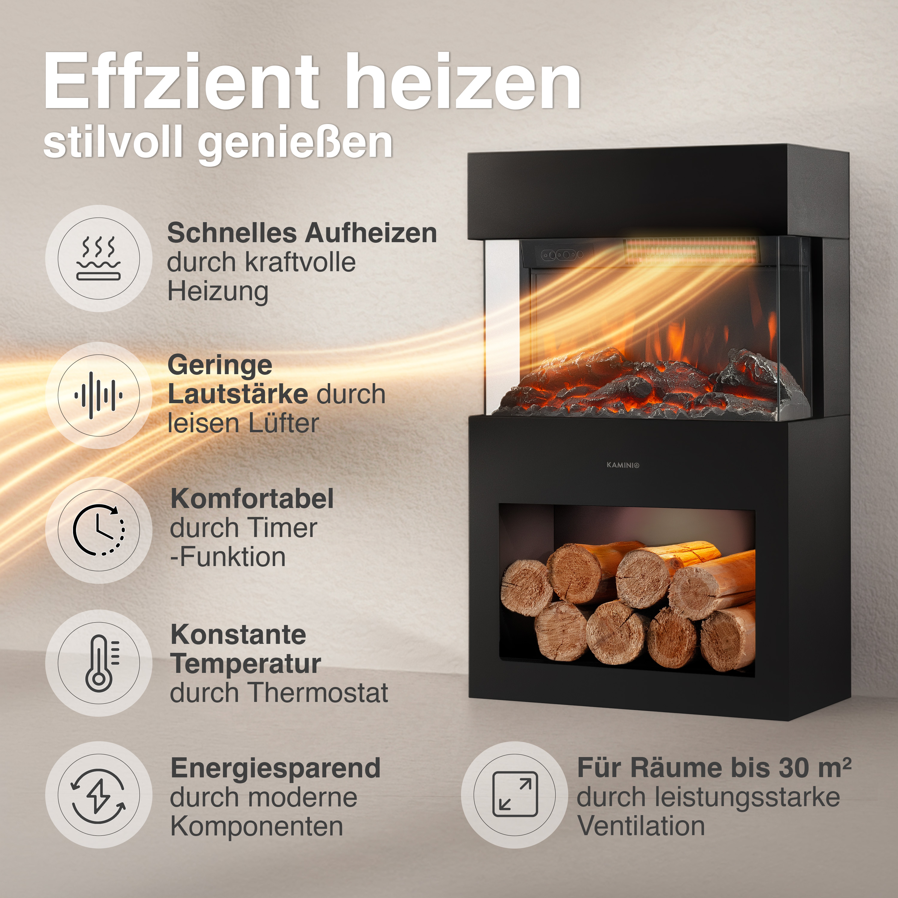 Moderner schwarzer Kamin mit Holzscheiten und Flammen-Effekt.