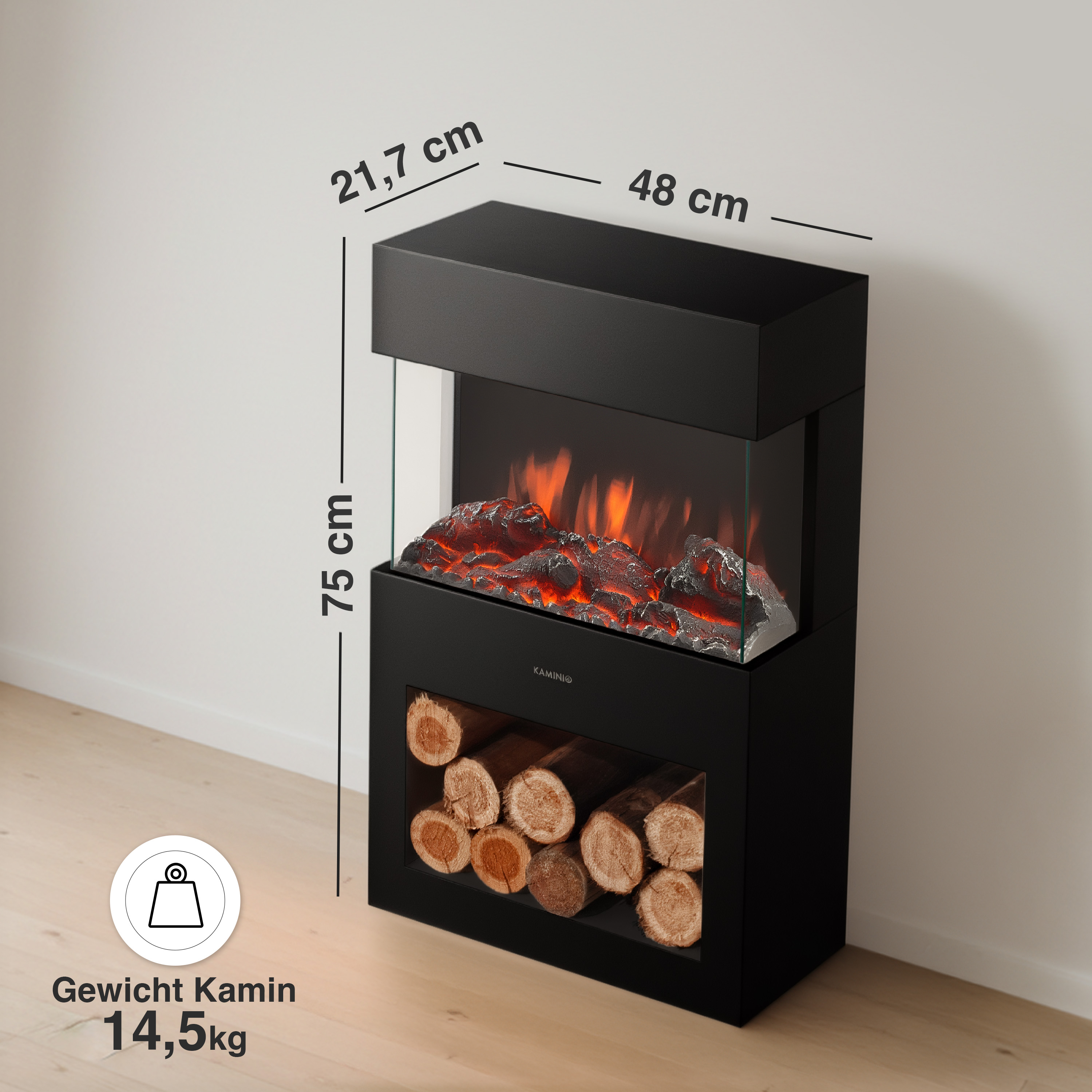 Schwarzer Elektrokamin mit Glasfront, Holzscheiten und Flammen. Maße: 48x21,7x75cm.