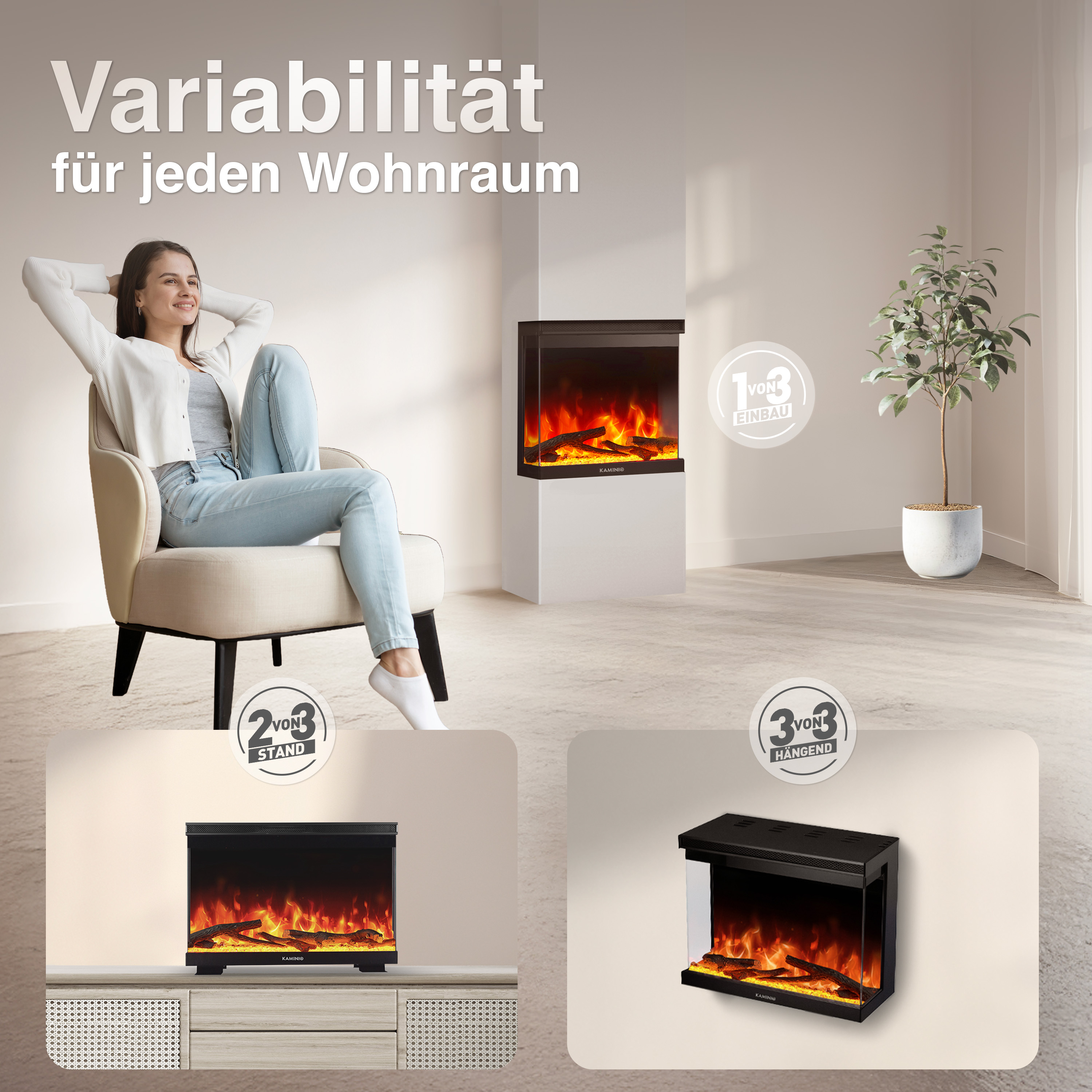 Frau entspannt im Sessel. Kamin in drei Varianten: Einbau, Stand, Hängend.