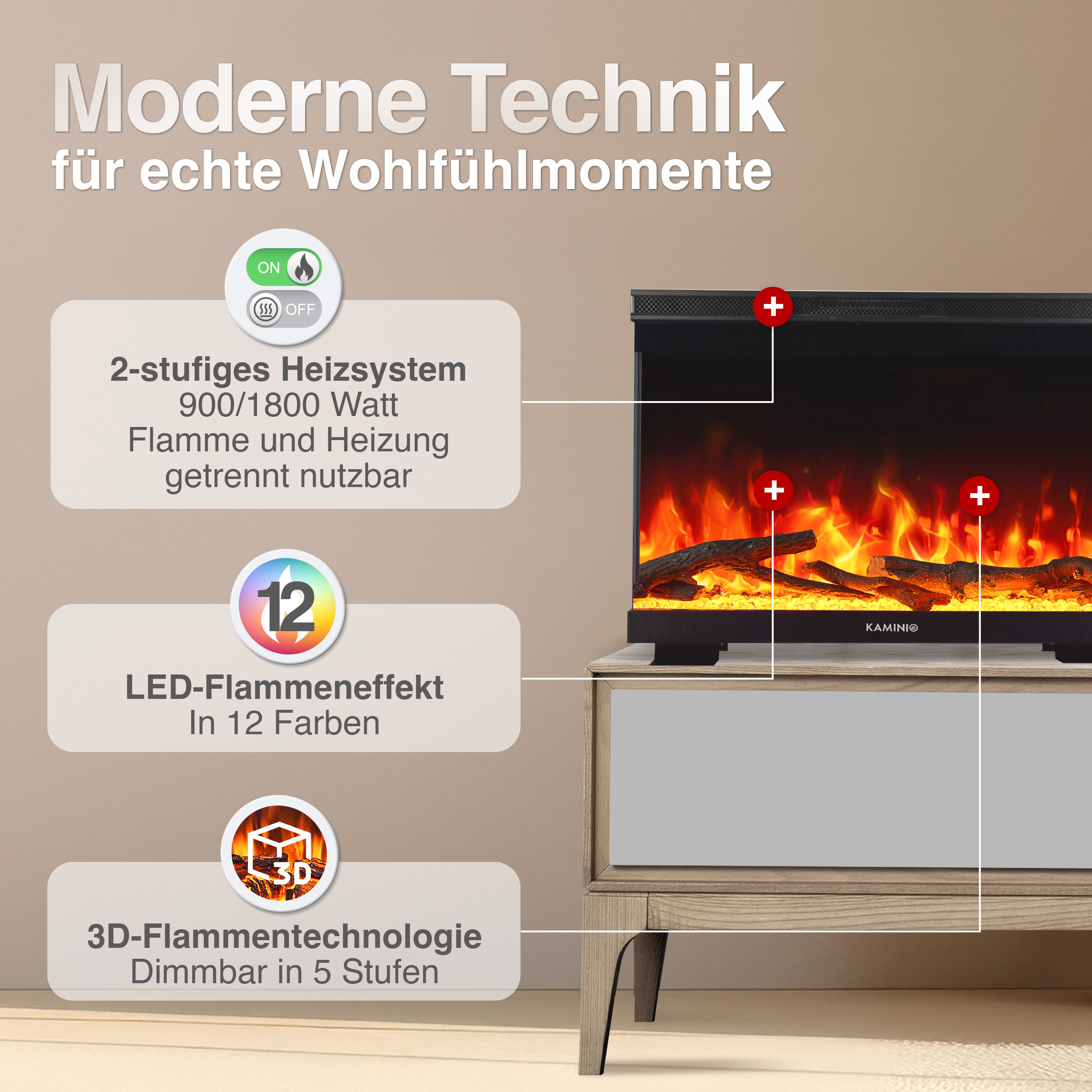 Moderner Kamin mit Flammen- und Heizfunktion, 12 LED-Farben.
