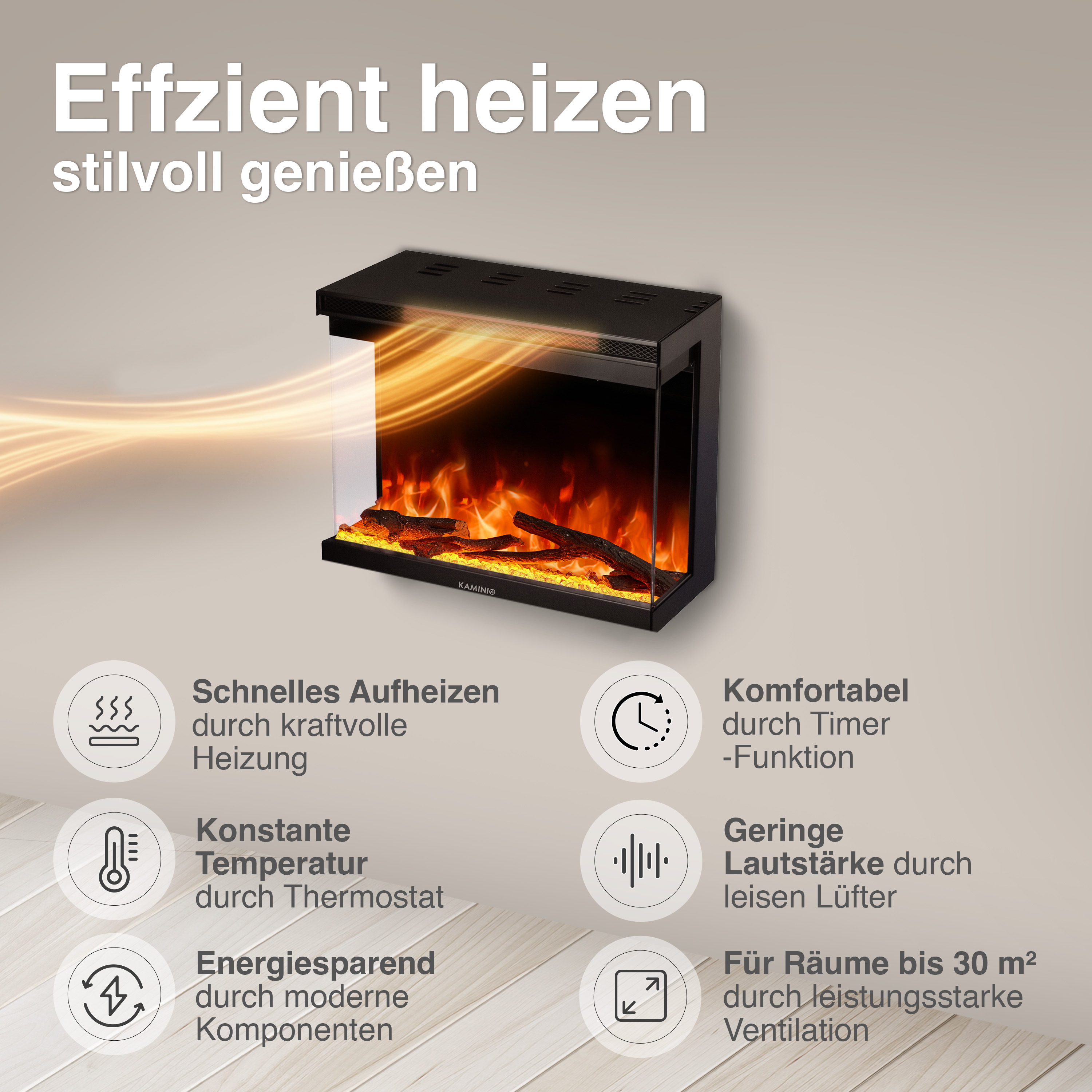 Elektrischer Kamin mit Flammen- und Holzeffekt, 4 Funktionen.