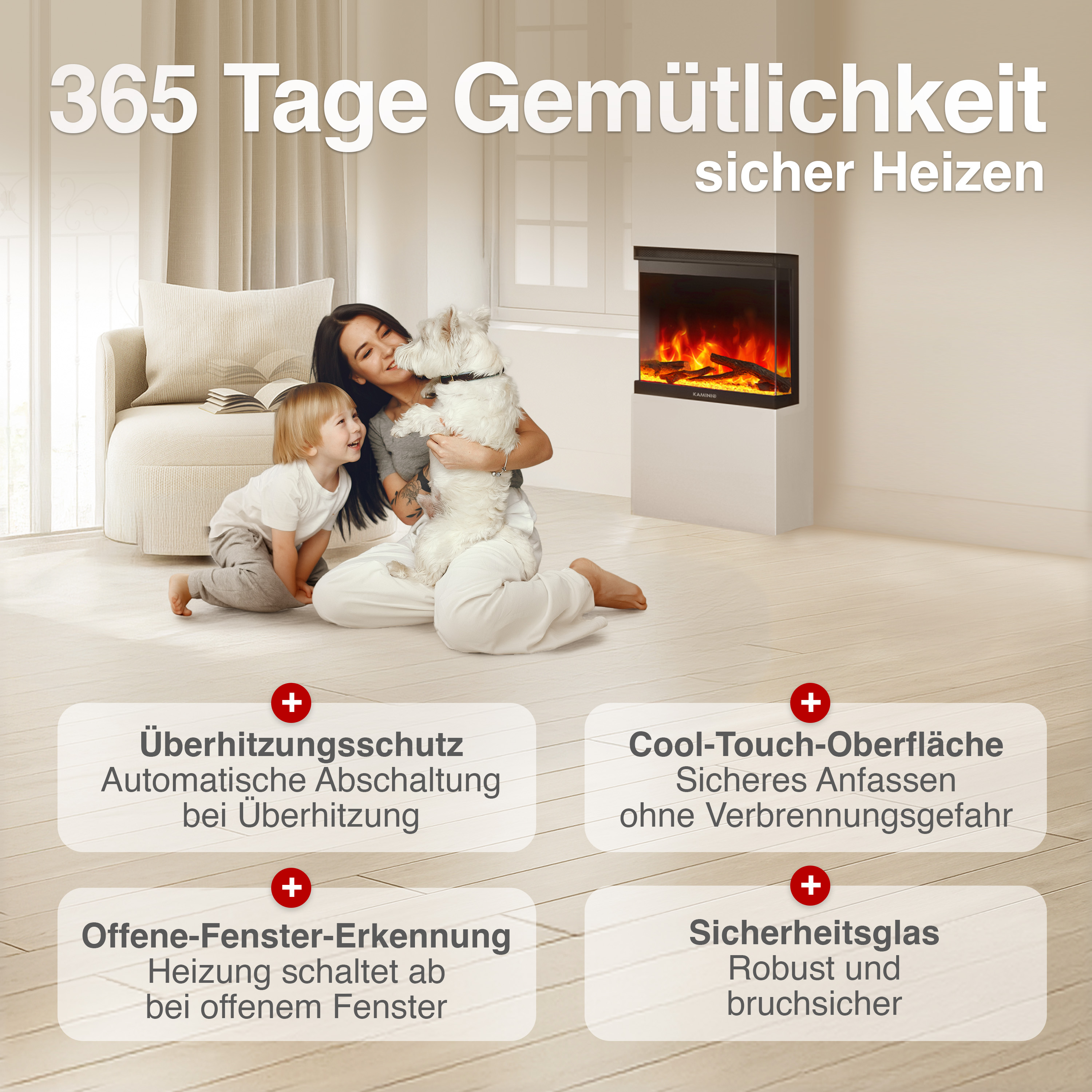 Frau mit Kind und Hund vor Kamin. Überhitzungsschutz, Cool-Touch-Oberfläche.