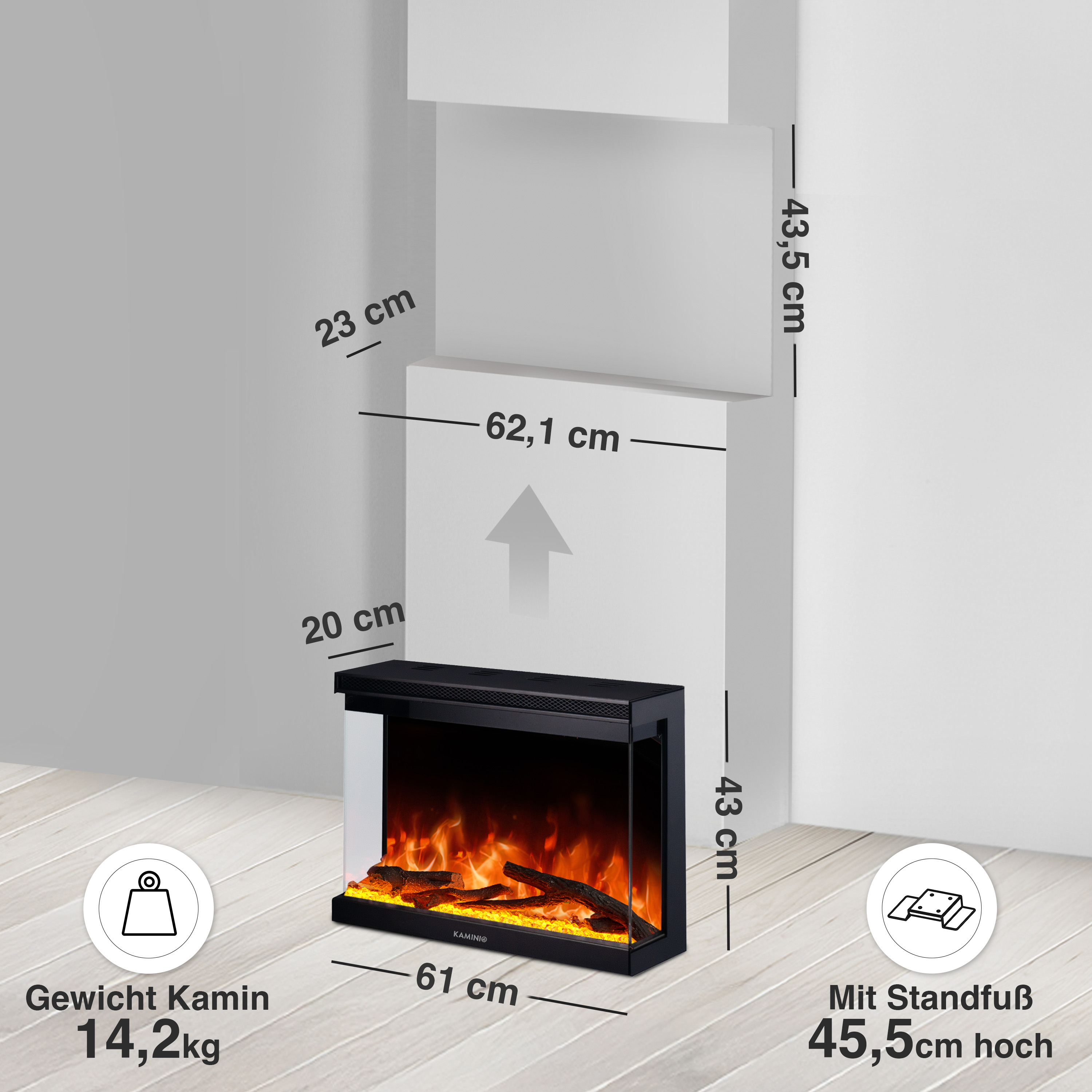 Ein schwarzer Kamin mit Flammen-Effekt, Maße und Gewicht sind angegeben.
