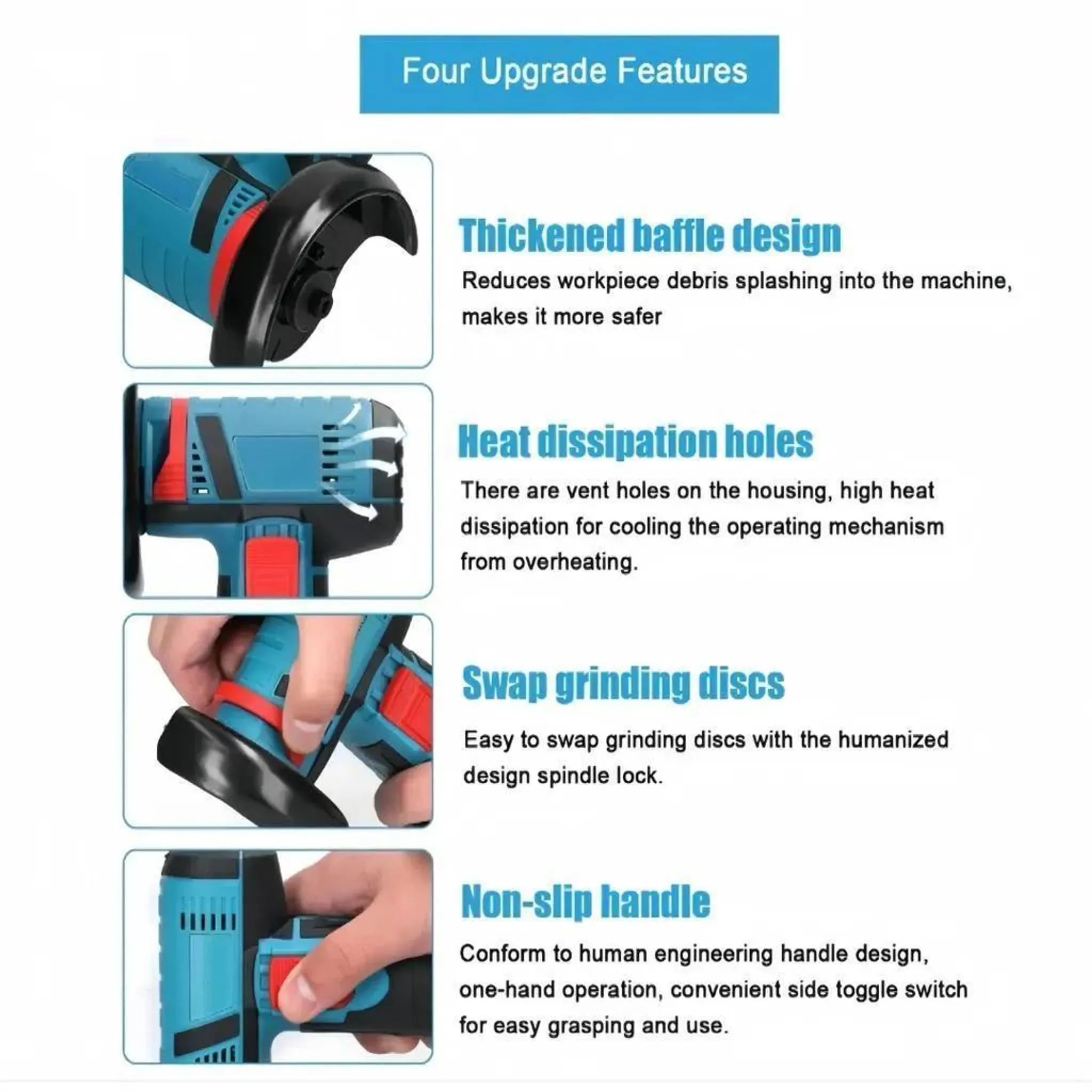 Vier verbesserte Funktionen: verdicktes Baffledesign, Lüftungsschlitze, austauschbare Schleifscheiben, rutschfester Griff.